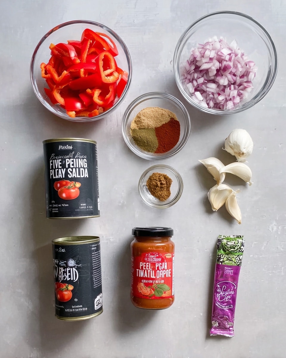 The image shows various cooking ingredients arranged on a white marbled surface. There are two small clear glass bowls, one containing bright red sliced bell peppers with a smooth, shiny texture, and the other filled with chopped purple onions showing layers and a slightly translucent look. Above them, a third clear bowl holds a mix of spices in brown, orange, and green hues with a powdery texture. In the lower area, there are two black cans, one labeled