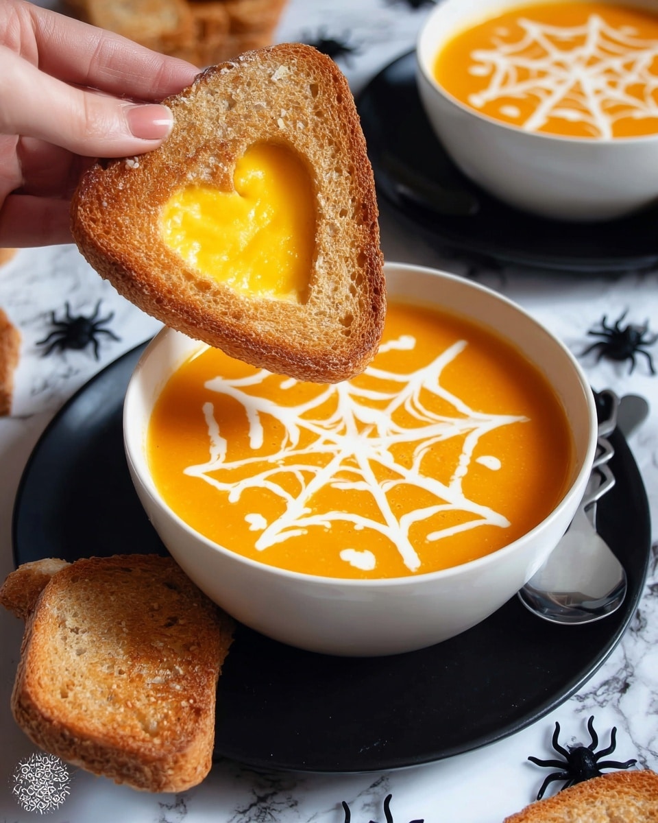 A woman's hand holds a piece of toasted bread with a heart-shaped hole in the center, showing the bright orange soup inside. The soup is served in a white bowl placed on a dark plate, with a white marbled background. The soup has a swirl of white cream on top, designed like a spider web. Nearby, on the plate and surface, are toasted bread pieces shaped like a small heart and a spider. The setting gives a cozy, festive feel with the bright orange soup and creative bread shapes photo taken with an iphone --ar 4:5 --v 7
