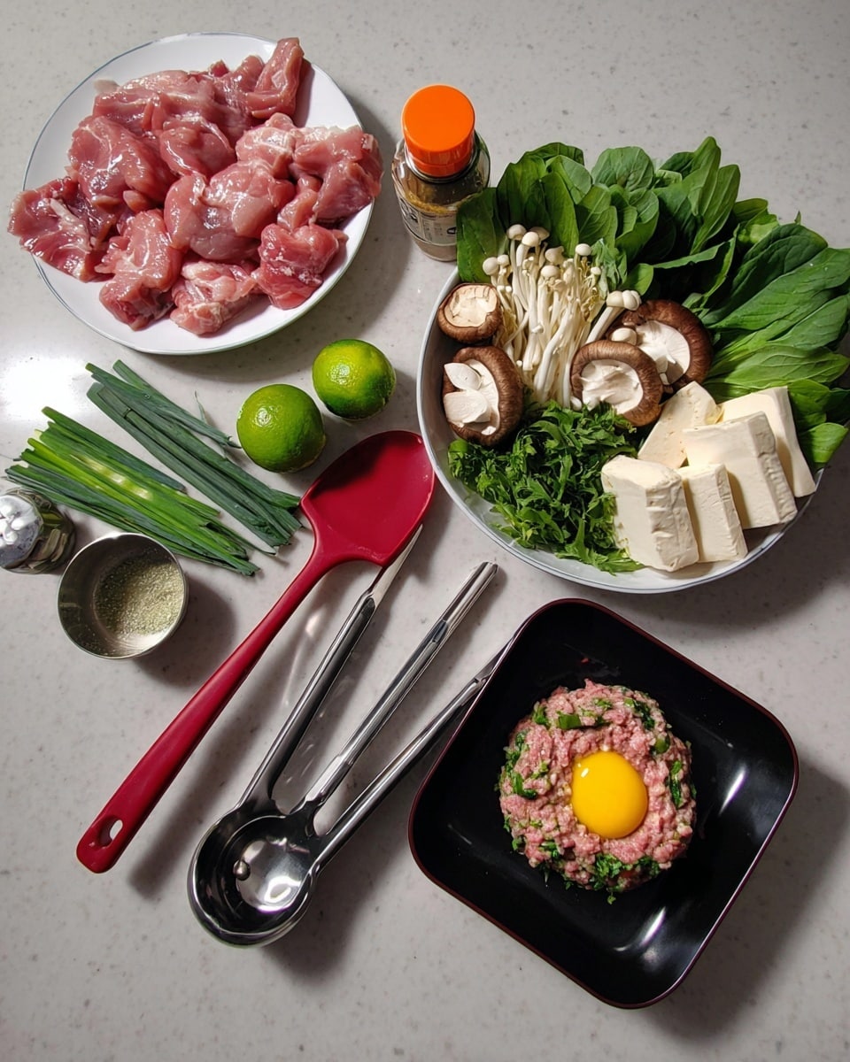 The image shows a collection of fresh ingredients arranged neatly on a white marbled surface. At the center bottom is a black square dish holding a raw meat patty with green herbs mixed in, topped with a raw egg yolk in the middle, and a red spatula resting on the edge. To the left, there is a white round plate piled with pieces of pink raw chicken. To the right, a white round plate holds lime halves, sliced brown mushrooms, green onions, cubes of light yellow tofu, and fresh leafy greens. A small red bottle with Asian writing stands between the plates. On the far left side, metal kitchen tools including tongs, a ladle, and scissors are laid down. The whole setup is on a clean white marbled table. Photo taken with an iphone --ar 4:5 --v 7