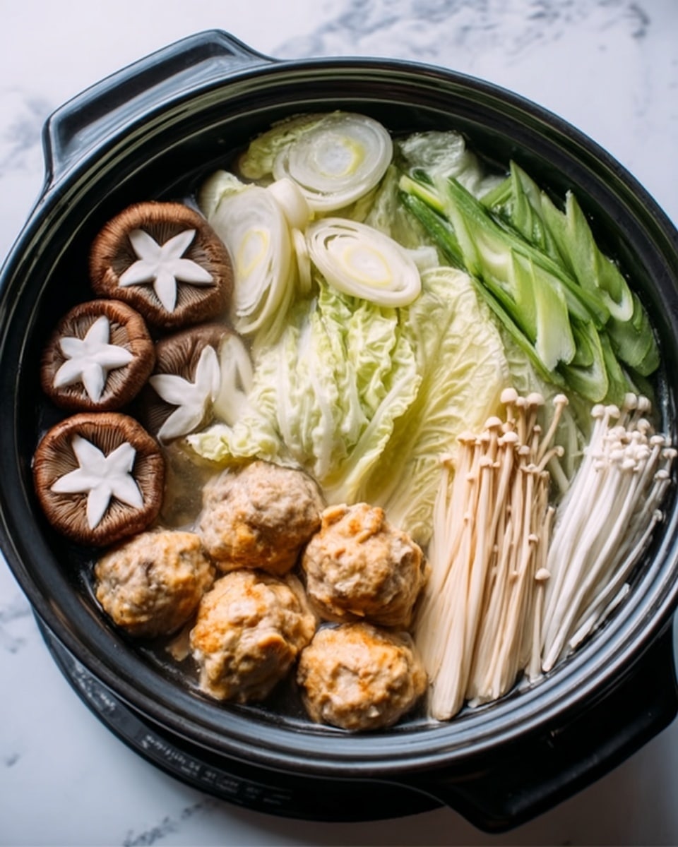 The image shows a clay pot filled with a hot soup dish, carefully arranged with four main layers. At the top left, there are three round brown mushrooms with criss-cross cuts on their caps, next to bright green leafy cabbage. In the center bottom, there are several light brown meatballs clustered together, surrounded by long, thin white mushrooms with small caps. On the right side, there are white pieces of sliced leek, all sitting in a clear broth. The clay pot is placed on a white marbled surface. The photo taken with an iphone --ar 4:5 --v 7