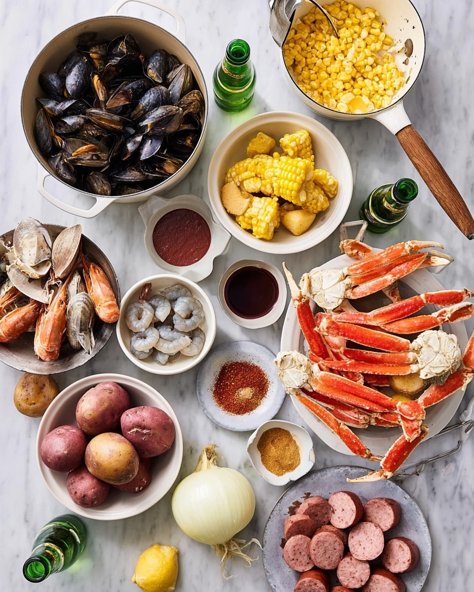 The image shows a top view of various seafood boil ingredients arranged on a white marbled surface. At the center right, a white colander holds red crab legs with orange and brown hues. Next to it, a white bowl is full of bright yellow corn cut into thick rounds. Above, a bowl contains dark black mussels and light brown clams mixed together. On the left side, there is a white bowl with lobster tails having dark brown shells and light pinkish meat inside. Below that, a white bowl holds peeled shrimp that are pale gray with a translucent texture. In the middle, there is a small white dish with a reddish-brown spice mix. Below that, a white bowl is filled with small red potatoes. At the bottom right corner, a bowl contains thick slices of smoked sausage in a pinkish-brown color. Next to it, another bowl contains quartered white onions with a slightly yellow tint. A white pan with a wooden handle filled with dark red sauce is in the top left corner. Scattered lemon wedges and two green beer bottles complete the scene. Photo taken with an iphone --ar 4:5 --v 7