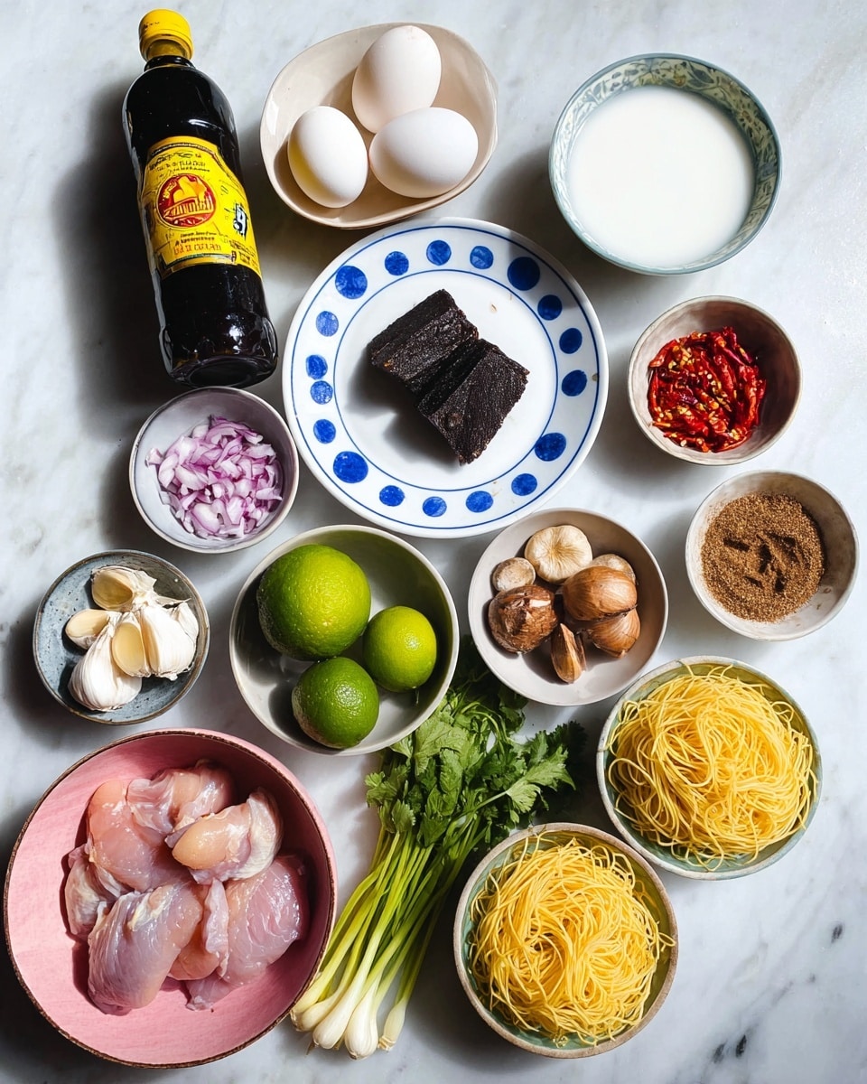 A collection of various cooking ingredients arranged on a white marbled surface includes a tall dark bottle with a yellow label on the top left and a bowl of white coconut milk on the top right. Near the center is a white plate with blue dots holding two white eggs, two pieces of dark brown tamarind blocks, one whole lime, and one lime cut in half to show a greenish interior. Around this are small white bowls containing chopped red chili, sliced red onions, fried garlic, fried shallots, and small mushrooms. There is a pink bowl holding fresh green herbs and long green stalks. Below, a patterned bowl contains raw light pink chicken pieces with two cloves of garlic on top. A bowl on the bottom right is filled with light yellow noodles. The entire scene is captured in bright, even light. Photo taken with an iphone --ar 4:5 --v 7