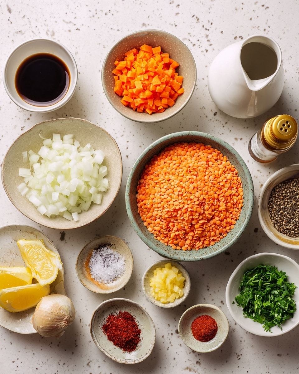 The image shows an overhead view of various ingredients arranged neatly on a white marbled surface. In the center, there is a white bowl filled with bright orange lentils. Surrounding it are several small white bowls containing chopped orange carrots, fresh green herbs, a reddish-brown spice mix, a small amount of red paste, and a golden oil with red chili flakes. Additionally, a small bowl holds minced garlic, another contains chopped white onions, and a dark bowl has mixed black and white salt and pepper. There are lemon wedges on a white plate on the lower left, and a white bottle with a gold spout along with a pitcher filled with a dark liquid are at the top. The arrangement is clean and colorful, with each ingredient distinctly visible. photo taken with an iphone --ar 4:5 --v 7