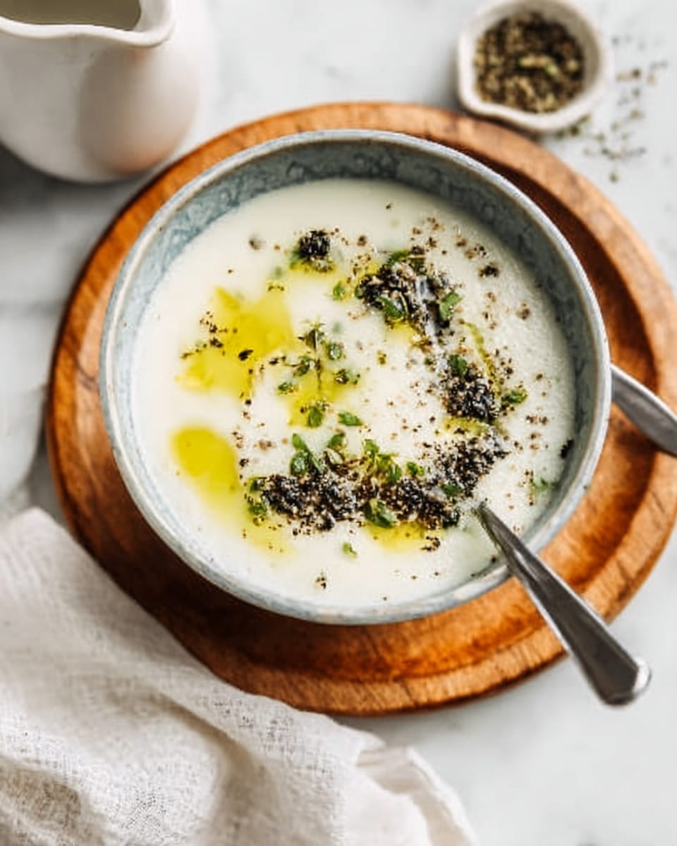 A white bowl filled with a creamy white soup that has a smooth texture, topped with green oil drizzles and small dark green herb pieces scattered on the surface. The bowl sits on a wooden board, and a spoon rests inside the bowl on the right side. The background shows a white marbled surface with a white cloth on the left side and part of another white bowl with food visible at the top left corner. Photo taken with an iphone --ar 4:5 --v 7