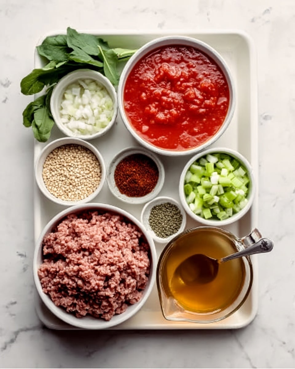 The image shows a white tray on a white marbled surface holding several white bowls and a glass measuring cup filled with different ingredients. In the top left corner, there is a large white bowl filled with bright red tomato sauce. To its right, a smaller white bowl holds chopped green celery pieces. Below that, a white bowl is filled with beige dry lentils, and beside it are tiny white bowls containing dark red liquid, a powdered spice, and small pieces of chopped white onion. At the bottom left, fresh green parsley leaves rest directly on the tray. To the left, a white bowl holds raw ground meat that is red with a slightly coarse texture. The glass measuring cup on the bottom right is filled with golden-brown broth, and beside it rests a light tan piece of ginger. Photo taken with an iphone --ar 4:5 --v 7