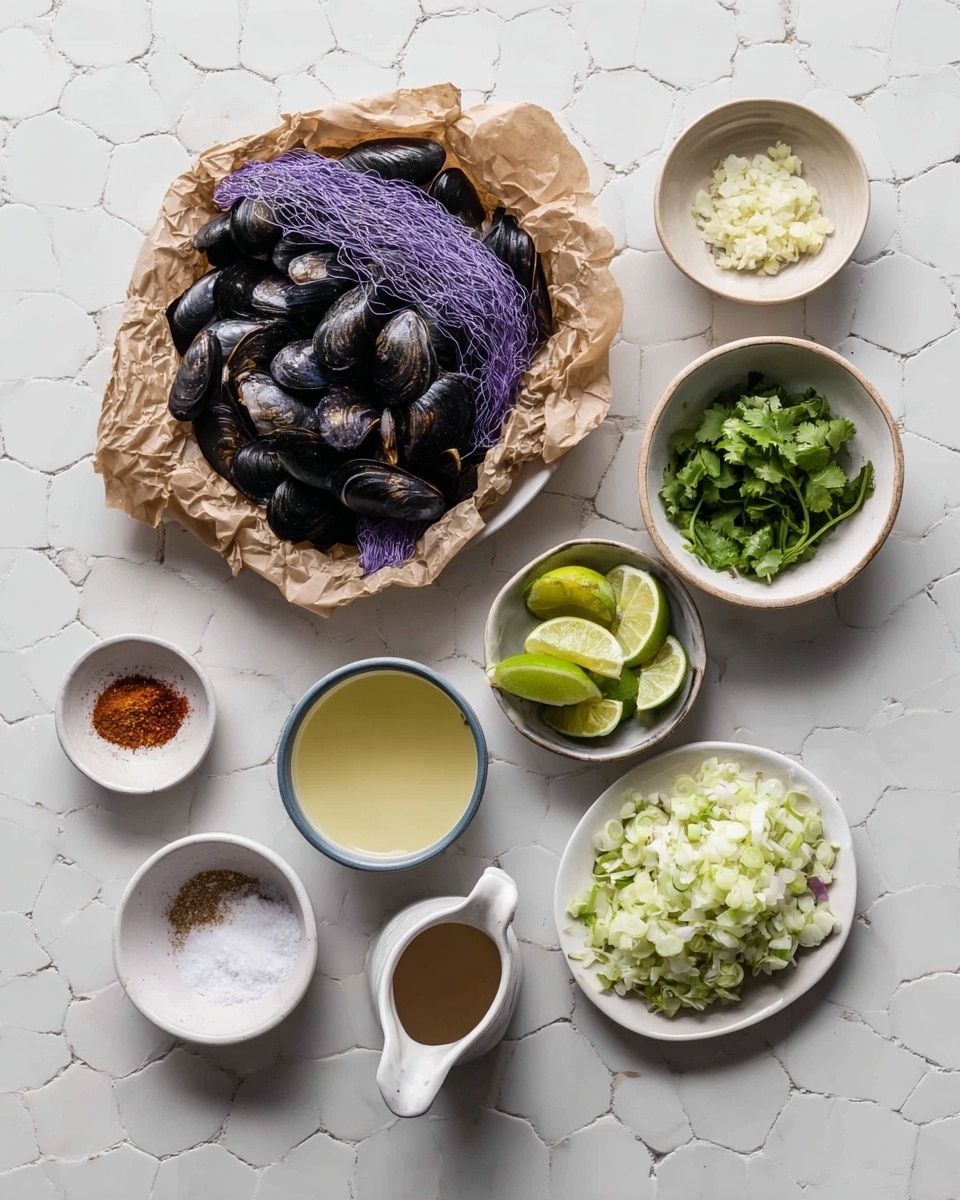 This image shows an overhead view of several cooking ingredients neatly arranged on a white marbled surface. In the center is a bundle of black mussels wrapped in a purple net and resting on crinkled brown paper. Surrounding it are small bowls holding different ingredients: finely chopped pale green and white onions and celery, minced garlic, bright green fresh cilantro leaves, a small bowl of golden olive oil, white cream or yogurt in a pinkish-white bowl, bright yellow lime wedges and one halved lime on a speckled white plate, a small bowl of reddish-orange ground spice, and a bowl of coarse salt. photo taken with an iphone --ar 4:5 --v 7