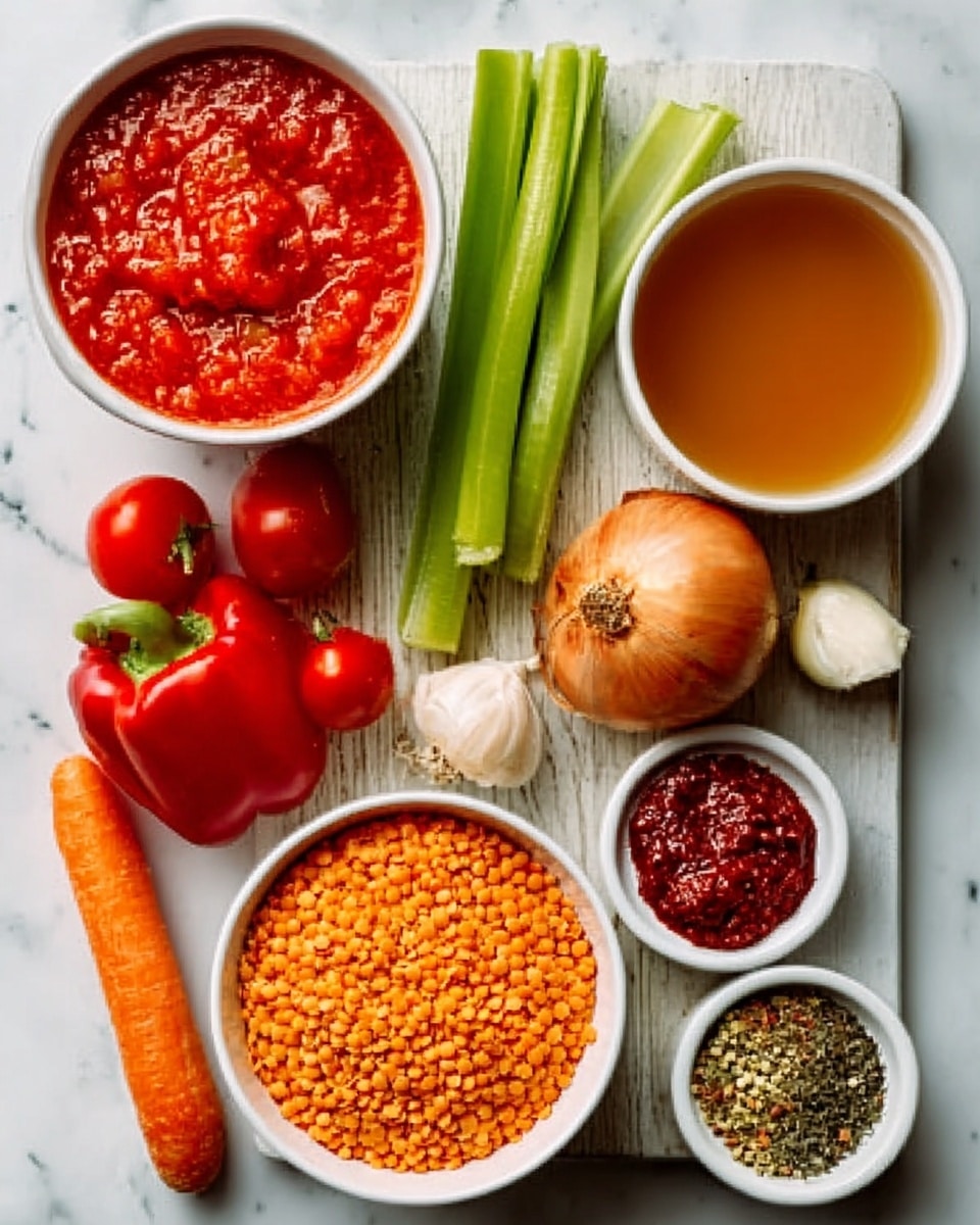 The image shows a white plate with several small white bowls arranged on it, each holding different cooking ingredients. There are two red bell peppers, a carrot, three green onions, an onion, and a small garlic bulb placed around the bowls. The bowls contain bright red lentils, deep red crushed tomatoes, light brown broth, a dark red paste, and a mix of various colorful spices including green herbs and red powder. The white marbled surface beneath everything gives a clean, fresh look. A woman's hand is reaching toward the ingredients. photo taken with an iphone --ar 4:5 --v 7