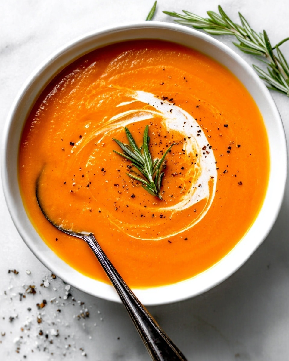 This image shows a white bowl filled with smooth orange soup placed on a white marbled surface. The soup is thick and creamy with a swirl of white cream on the top, forming a spiral shape towards the center. In the middle of the cream swirl, there is a small sprig of green rosemary as garnish. Black pepper flakes are sprinkled lightly around the cream on the soup’s surface. A dark spoon rests inside the bowl on the left side, with the handle leaning against the side of the bowl. photo taken with an iphone --ar 4:5 --v 7