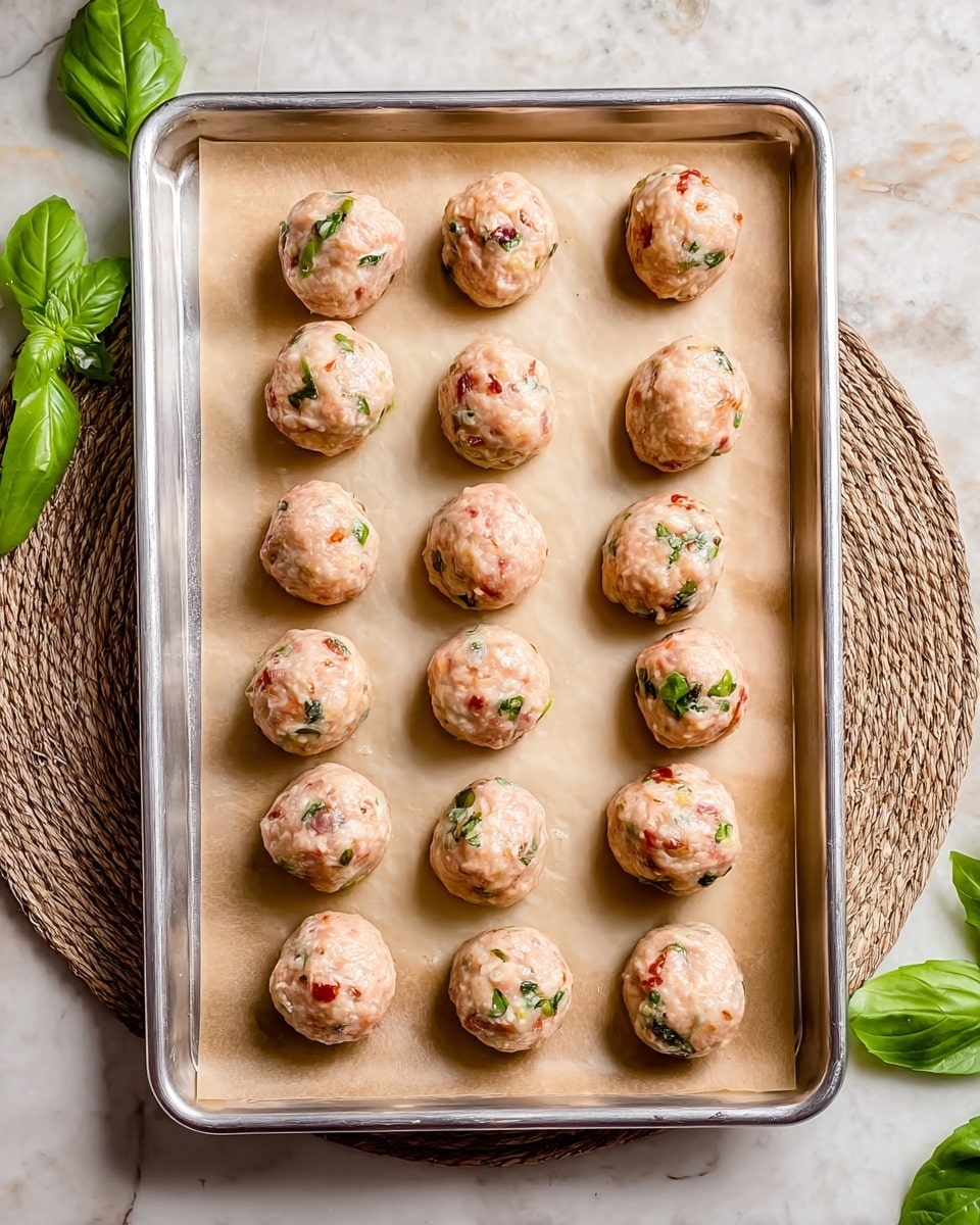 The image shows a metal baking sheet lined with light brown parchment paper, holding 18 evenly spaced raw meatballs arranged in 3 columns and 6 rows. The meatballs are pale pink with small bits of green herbs and darker red pieces mixed in, giving them a speckled look. The baking sheet sits on a round woven placemat, all set on a white marbled surface, and fresh green basil leaves are placed around the top left corner of the sheet. Photo taken with an iphone --ar 4:5 --v 7