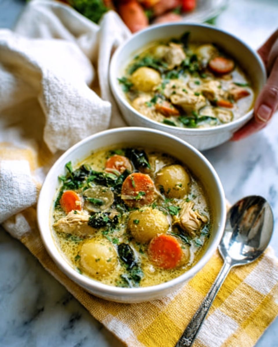 The image shows two white bowls filled with a colorful soup placed on a table with a white marbled texture. Each bowl has thick broth with visible chunks of brown potatoes, bright orange carrots, green leafy vegetables, and pieces of light-colored chicken. The soup looks fresh with bits of herbs sprinkled on top. One white bowl is in front, clearly focused, while the other is slightly blurred in the background. A gold spoon and a white cloth napkin are beside the front bowl on a yellow and white checkered cloth. The light is soft and natural, highlighting the texture of the soup and vegetables. Photo taken with an iphone --ar 4:5 --v 7