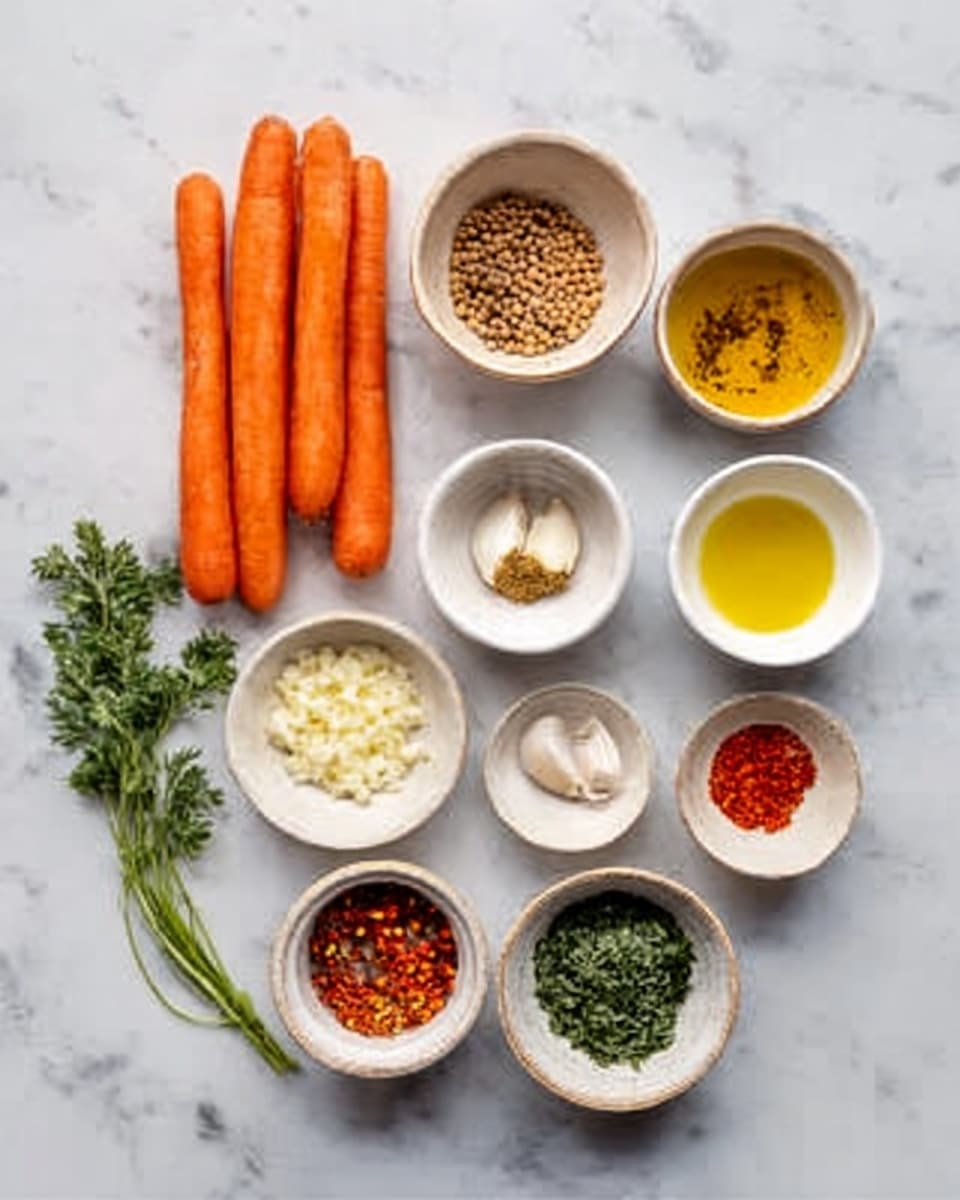 The image shows a white marbled surface with 12 small white dishes and one bunch of bright orange carrots placed on it. The carrots are on the top left side, smooth and fresh. Starting from the top right, there is a small white dish filled with chopped garlic, light beige in color, followed by a tiny bowl with light brown seeds, then another with a mix of red and brown spices. Below them, several small white dishes hold a variety of ingredients: a light brown powder, bright red chili powder, yellow lemon zest, two bowls with light yellow olive oil, finely chopped green herbs, reddish chili flakes, and a small pile of salt. The arrangement is neat and colorful, all on the white marbled surface. Photo taken with an iphone --ar 4:5 --v 7