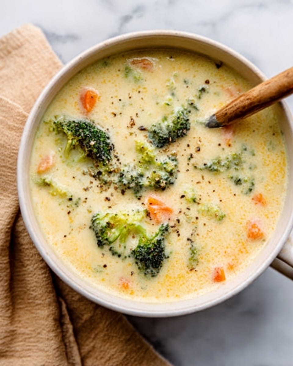 The image shows a white bowl filled with creamy yellow soup thick with small bright green broccoli pieces spread evenly throughout. The soup has a smooth, rich texture with visible small chunks of broccoli and possibly bits of potato or cheese mixed in, making the surface look slightly uneven but inviting. A spoon is resting inside the bowl with the tip just touching the soup, and the whole bowl is placed on a white marbled surface. photo taken with an iphone --ar 4:5 --v 7