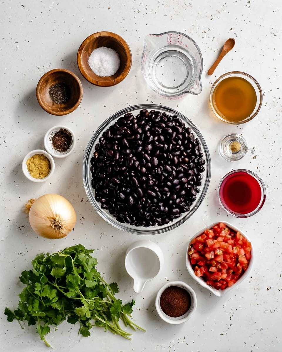 A large clear glass bowl filled with shiny black beans sits in the center on a white marbled surface. Around it are small containers with spices: one wooden bowl with coarse salt and a tiny wooden spoon, one wooden bowl with black pepper, a white bowl with light yellow powder, another white bowl with a dark red powder, and another white bowl with a brown powder. There is a small white cup with red liquid and two clear glass measuring cups, one with light brown liquid and one with water. A whole white onion and a bunch of fresh green cilantro are also on the surface, along with an opened can of diced tomatoes with peppers. The layout is clean and organized, with all ingredients spaced out evenly photo taken with an iphone --ar 4:5 --v 7