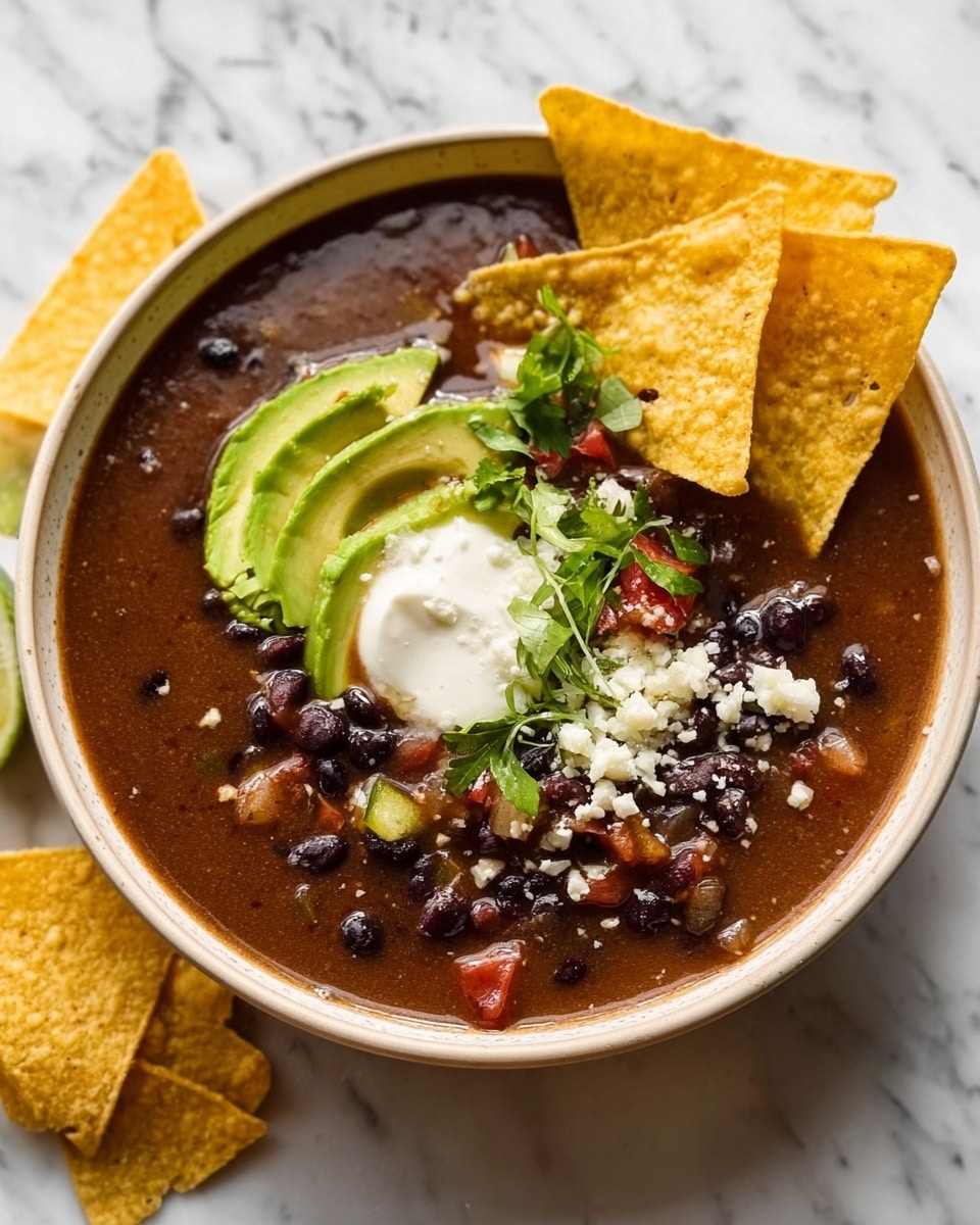 The image shows a white bowl filled with a dark brown soup that has a thick texture. The soup contains black beans, small green and red vegetable pieces, and is topped with a dollop of white sour cream in the center. Around the sour cream, there are slices of fresh green avocado and small chunks of white cheese sprinkled lightly. On one side of the bowl, several yellow triangular tortilla chips are resting, partially inside the soup. The bowl sits on a white marbled surface. photo taken with an iphone --ar 4:5 --v 7