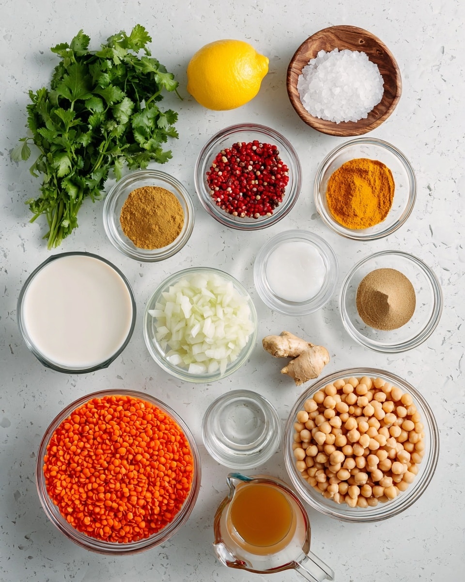 The image shows an overhead view of various cooking ingredients arranged neatly on a white marbled texture surface. There are eleven containers of different sizes, mostly glass bowls, and two white bowls. Starting from the top left, fresh green cilantro leaves create a leafy patch. Near it, a small glass bowl contains red chili flakes, and next to it is a small wooden bowl with coarse white salt. To the right, a small glass bowl holds a garlic clove and a piece of fresh ginger. Above all, a halved lemon with bright yellow flesh is placed. Below the lemon is a white bowl with two piles of spices – a golden yellow turmeric and a brown cumin powder. Below that is a small glass bowl with clear liquid. Moving towards the center, a large glass bowl is filled with finely chopped white onions. To its left, another glass bowl contains creamy white coconut milk. Below that, a white bowl is filled with round beige chickpeas. Next to it, a white bowl holds vibrant red tomato chunks submerged in a liquid. To the bottom left, a large glass bowl contains orange lentils. Finally, at the bottom right is a small glass measuring jug with light brown broth. The arrangement is clean with a fresh, colorful, and inviting look, photo taken with an iphone --ar 4:5 --v 7