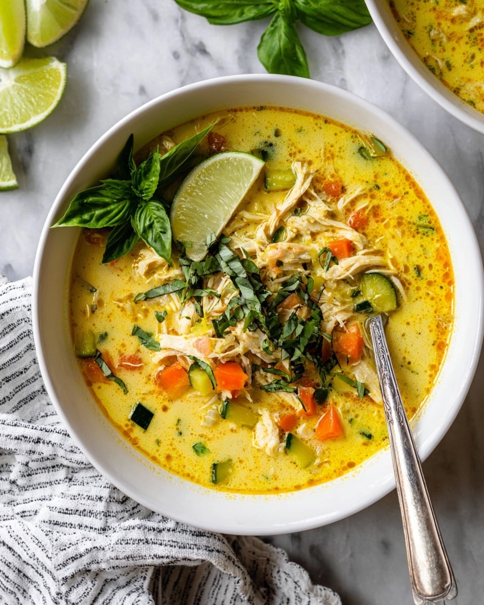 A white bowl filled with a bright yellow soup showing three main layers: the creamy broth with specks of orange and green herbs, a middle layer of shredded chicken and small diced orange carrots and green zucchini, and a topping of fresh green basil leaves and chopped herbs. A thin slice of lime leans against the side of the bowl. A silver spoon rests inside the bowl, and a white marbled surface with lime wedges and a striped cloth is seen around it. Photo taken with an iphone --ar 4:5 --v 7