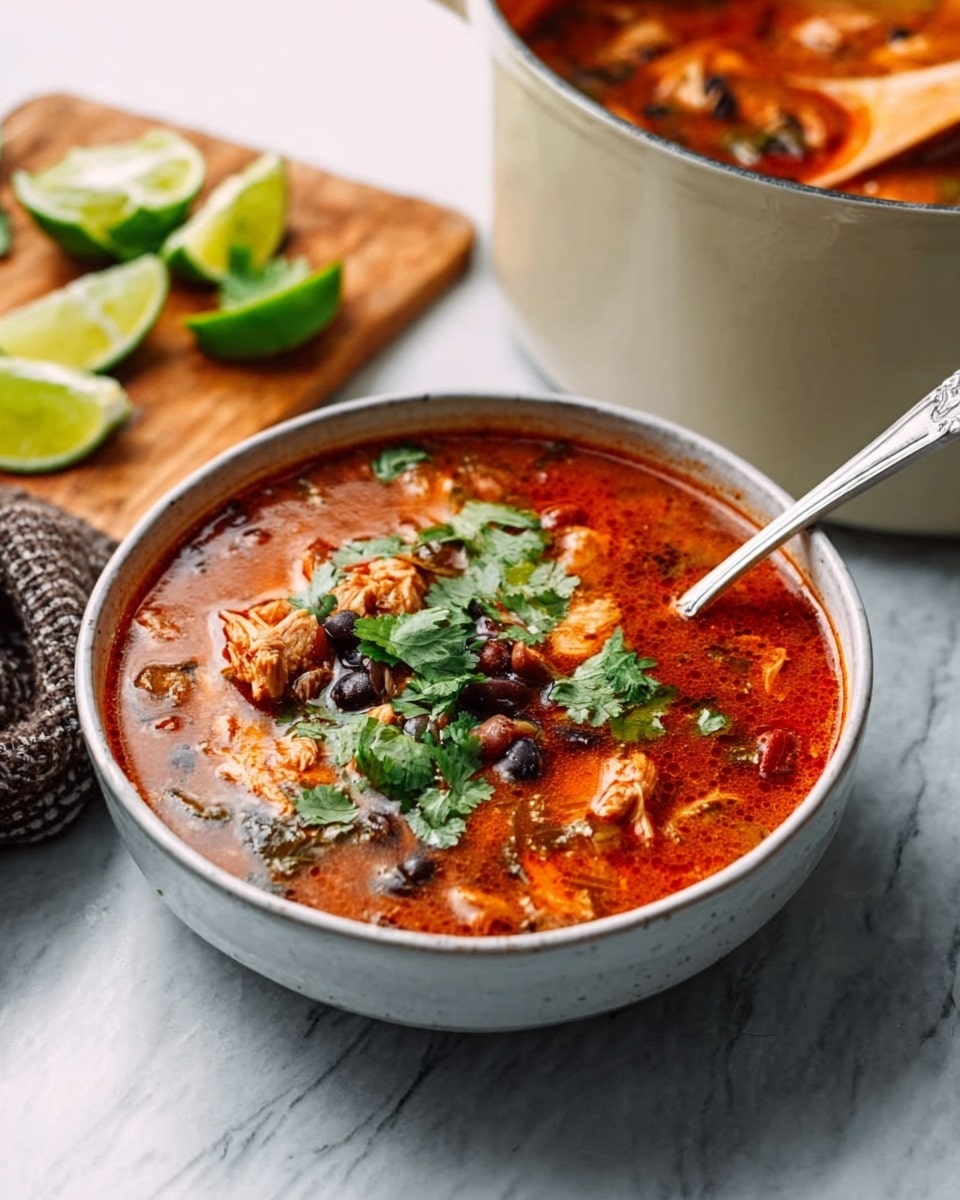 A white bowl filled with a rich red-orange soup that has visible chunks of chicken and beans, topped with fresh green cilantro leaves and a few black beans scattered on top. A silver spoon rests inside the bowl on the right side. In the blurred background, there is a white pot with the same soup, showing more chicken pieces and beans. To the right, a wooden cutting board holds sliced green lime halves and chopped chicken pieces. The bowl is placed on a white marbled surface. Photo taken with an iphone --ar 4:5 --v 7