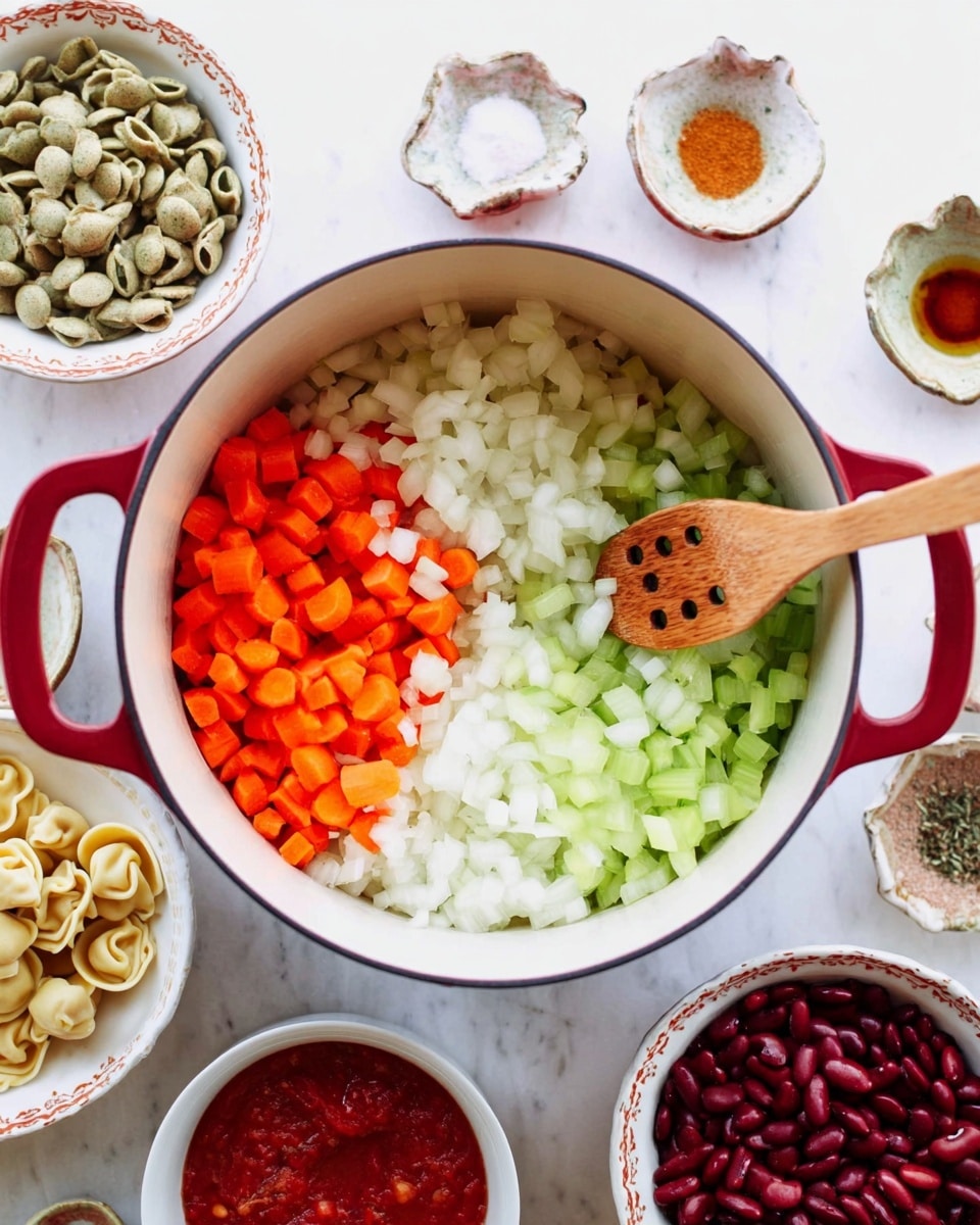 A white pot with red handles is filled with three layers of chopped vegetables: white onions covering most of the bottom, a cluster of bright orange diced carrots on the left side, and fresh green diced celery on the right side. A wooden spoon with holes rests inside the pot on top of the vegetables. Surrounding the pot on a white marbled surface are several small white bowls containing various ingredients: a bowl of green, tan, and brown tortellini on the bottom left, a small bowl of red kidney beans on the top right, a bowl of chunky red tomato sauce below it, and other small bowls with seasonings and liquids spread around the pot. Photo taken with an iphone --ar 4:5 --v 7