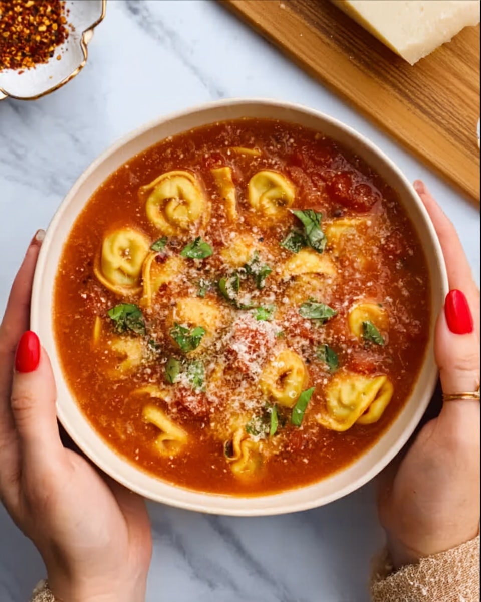 The image shows a white bowl filled with tomato soup and tortellini pasta. The soup has a rich red color with a slightly thick texture and is topped with grated cheese and small green herb leaves. The round tortellini pieces are light yellow and spread evenly within the soup. Two woman's hands with red nail polish are holding the bowl on a white marbled surface. In the background, a wooden cutting board and part of a white dish with red seasoning can be seen. photo taken with an iphone --ar 4:5 --v 7