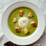 Pea and Broccoli Soup with Grilled Cheese Croutons Recipe