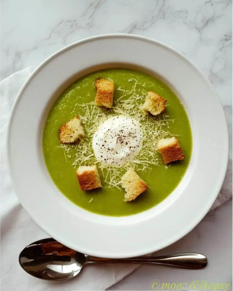 Pea and Broccoli Soup with Grilled Cheese Croutons Recipe
