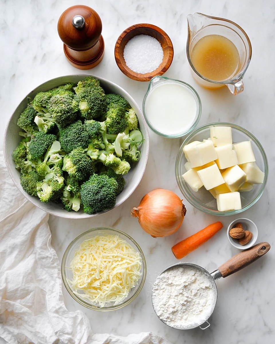 A white marbled surface holds several clear glass bowls and containers filled with different ingredients arranged neatly in a top-down view. In the bottom center, a large glass bowl is full of fresh bright green broccoli florets. To its right, a medium glass bowl contains white cauliflower florets. Above that, a smaller glass bowl has bright orange carrot chunks. A bowl to the left of the carrots contains pale yellow shredded cheese, and next to it is a bowl full of white shredded cheese or grated Parmesan. A clear glass measuring cup on the left side is filled with light brown broth, and beside it is a small clear glass container with golden olive oil. Below the measuring cup is a small bowl with finely chopped white onions. A tiny bowl of black and red pepper flakes sits next to two whole white garlic cloves. Closest to the broccoli bowl, there is a small white cup with cream or milk. All the ingredients are on a clean white marbled background, and the photo is taken with an iphone --ar 4:5 --v 7