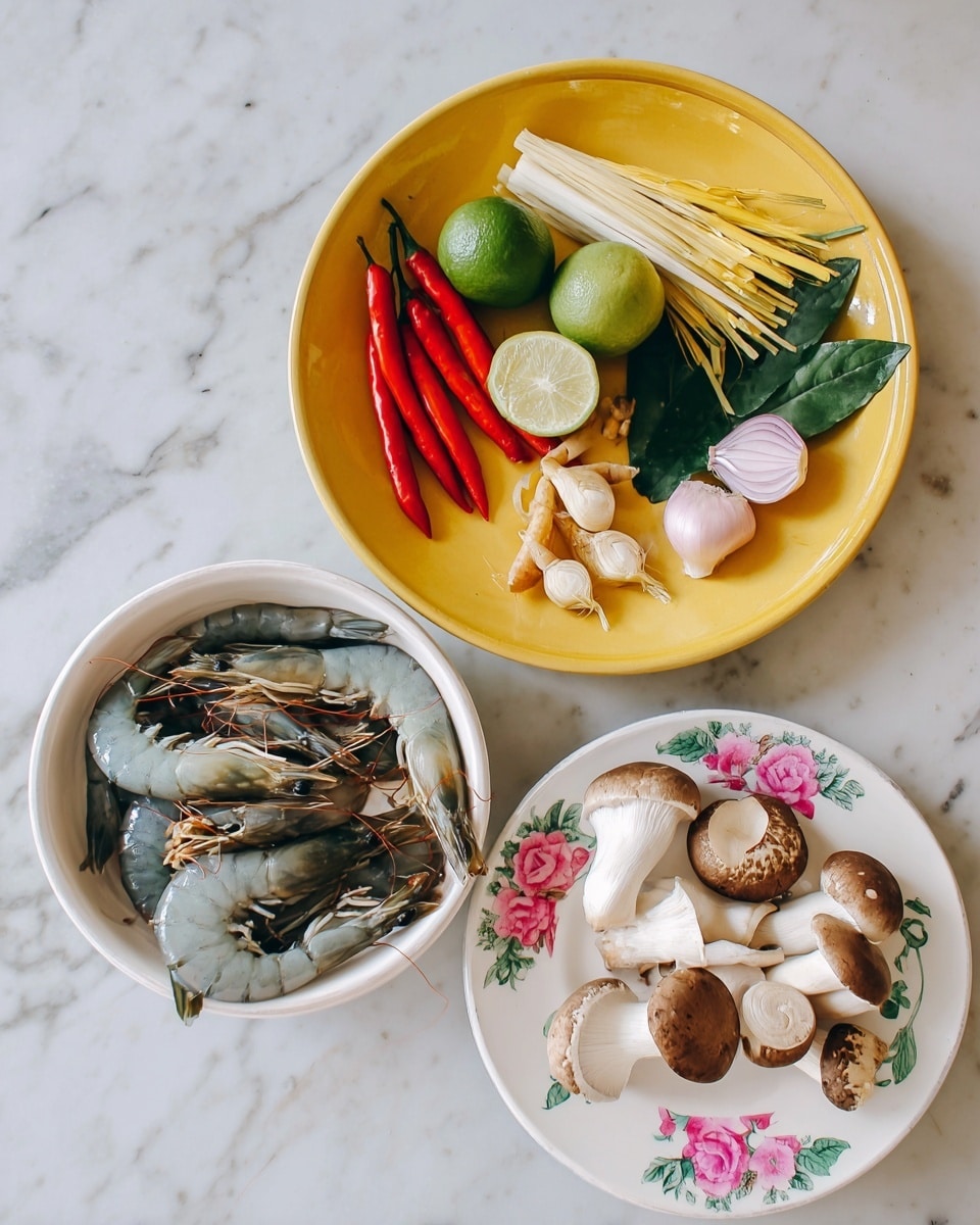 The image shows three white dishes on a white marbled surface. The top dish is a white plate with bright yellow glaze holding several ingredients: two red chili peppers on the left, three light yellow lemongrass stalks at the top, two green lime halves in the center, a few dark green leaves to the right, some light pink shallots near the bottom center, small light orange galangal slices on the right, and a small bunch of green cilantro stems on the left side. Below and to the left, there is a small white bowl filled with five large raw shrimp with blue-green shells and orange accents. On the bottom right, a white plate with a pink and green floral pattern holds a mix of light beige and brown mushrooms with long thin stems and round caps. Photo taken with an iphone --ar 4:5 --v 7