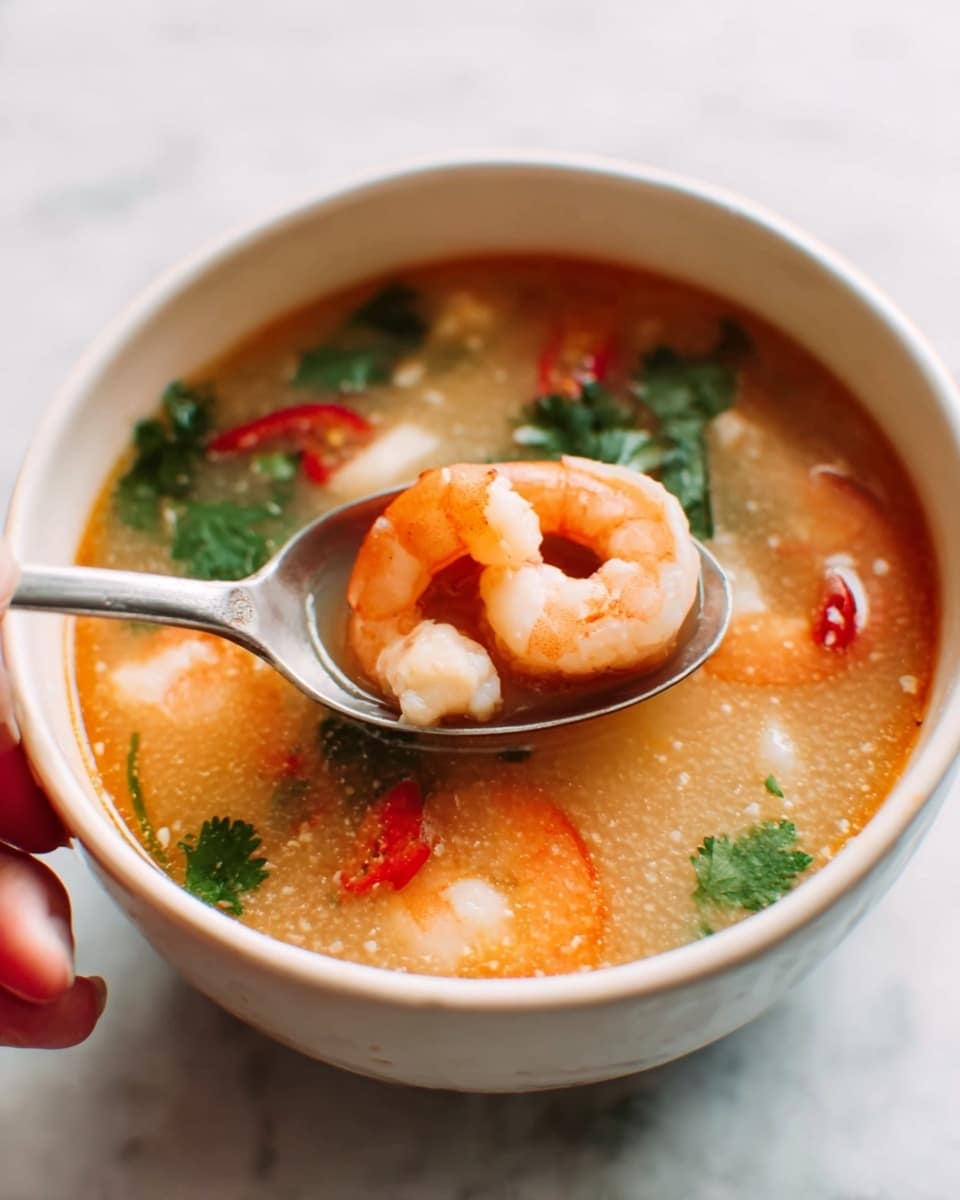 A white bowl filled with a clear, light orange soup containing three shrimp with orange and white colors. There are slices of red chili peppers floating on top along with green cilantro leaves. A spoon is lifting a shrimp and some chili pieces from the soup, held by a woman's hand. The background shows a white marbled surface. Photo taken with an iphone --ar 4:5 --v 7