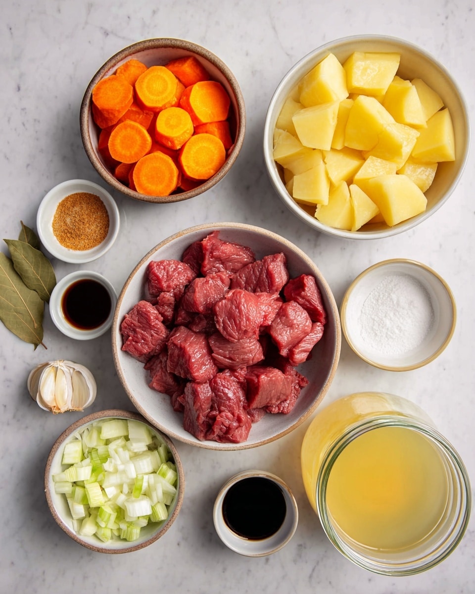 The image shows several small white bowls and one brown bowl, all placed on a white marbled surface, each filled with different cooking ingredients. The center bowl is filled with pieces of raw red meat. To its upper left is a brown bowl filled with thick orange carrot slices, and to the upper right, a white bowl holds large yellow potato chunks. Around these are small bowls containing chopped white onion, diced pale green celery, minced garlic, dark liquid soy sauce, white flour, salt, and a red spice powder. There is also a glass jar of light yellow broth and two dried bay leaves on the marbled surface. photo taken with an iphone --ar 4:5 --v 7