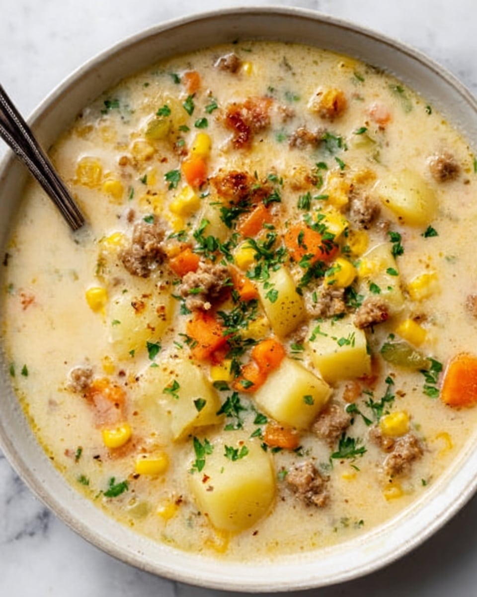 The image shows a white bowl filled with creamy soup that has several layers of ingredients visible. The base layer is light beige broth with a smooth texture. On top, there are soft white potato chunks, small orange carrot pieces, bright yellow corn kernels, and browned pieces of ground meat scattered throughout. The soup is garnished with finely chopped green herbs, adding a fresh touch. A silver spoon rests inside the bowl on the left side. The bowl sits on a white marbled surface. Photo taken with an iphone --ar 4:5 --v 7