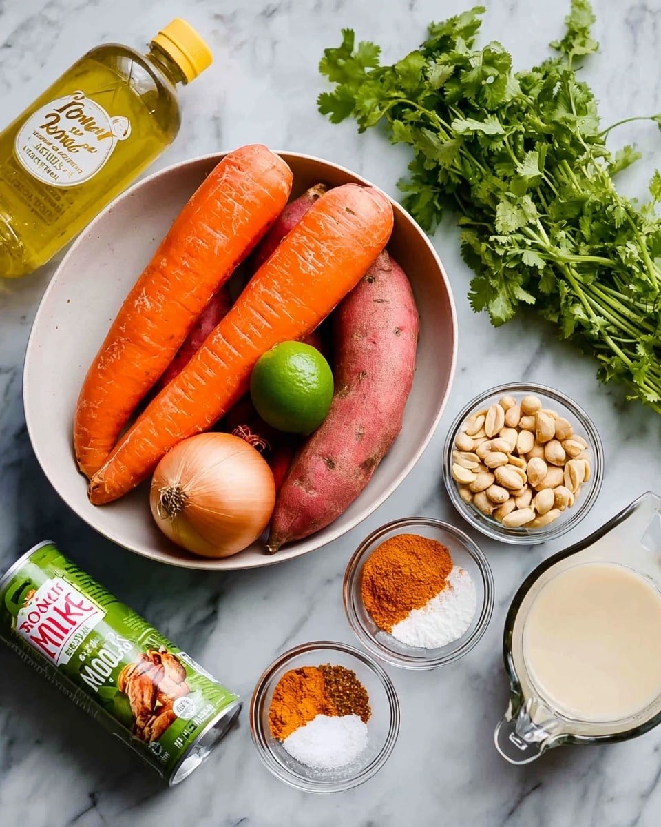 A white bowl filled with three large orange carrots, two reddish sweet potatoes, one green jalapeño pepper, one yellow onion with dry skin, and a whole green lime. To the left of the bowl is a bottle of peanut oil with a yellow cap and a can of coconut milk with green and red labeling. Surrounding the bowl to the right are three small clear glass bowls, one containing light brown peanuts, one with a bright orange spice powder, and the other with white salt. In the bottom right corner, there is a clear measuring cup filled with a light cream-colored liquid. A bunch of fresh green cilantro rests in a glass at the top left, all placed on a white marbled surface photo taken with an iphone --ar 4:5 --v 7