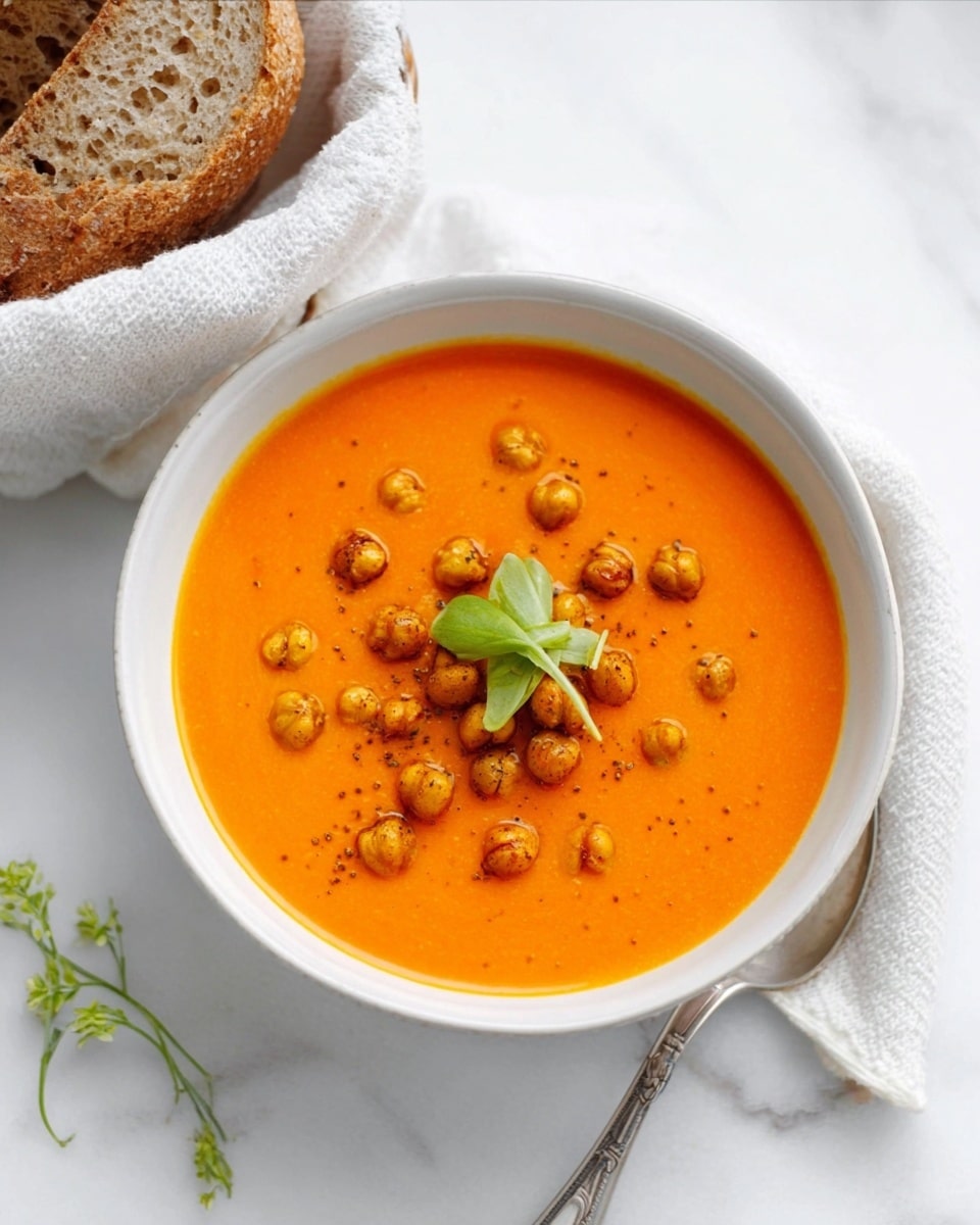 The image shows a white bowl filled with smooth, orange pumpkin soup. On top, there is a row of golden roasted chickpeas and small green parsley leaves scattered in the middle. A silver spoon with a simple pattern rests inside the soup, leaning against the rim of the bowl. The bowl sits on a matching white round plate placed on a white marbled surface. In the background, there is a small white bowl filled with more roasted chickpeas and some fresh parsley on a white round plate. At the bottom left corner, part of a wooden board with pieces of sliced bread is visible. photo taken with an iphone --ar 4:5 --v 7