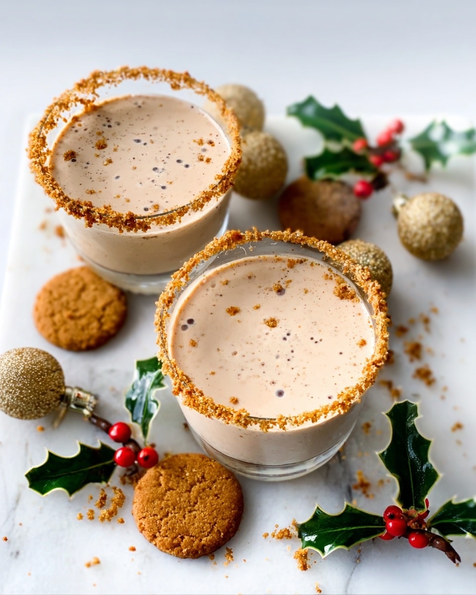 Two clear glasses filled with light brown creamy drink are placed on a white marbled surface. Each glass rim is coated with crushed golden-brown crumbs. Around the glasses, there are whole round golden-brown cookies and some small green holly leaves with red berries scattered for decoration. The drinks have small dark specks floating on top, adding texture. The scene looks bright and festive. photo taken with an iphone --ar 4:5 --v 7