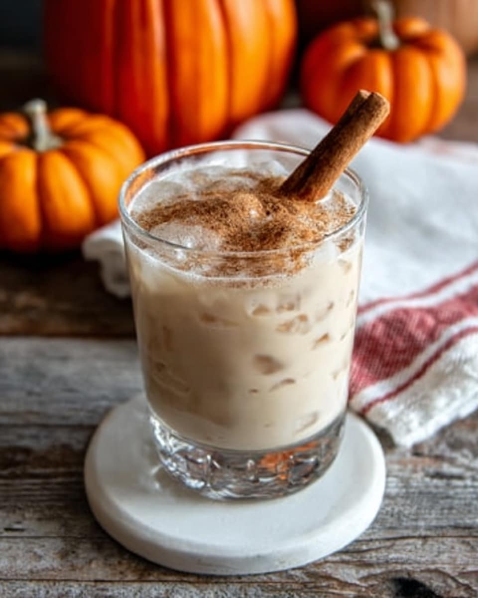 A clear glass cup filled with a creamy beige drink featuring ice cubes visible inside, topped with a sprinkle of brown cinnamon powder and a cinnamon stick placed upright in the center. The cup sits on a white coaster on a wooden table, with a white towel with a red stripe folded neatly behind it and orange pumpkins in the blurry background. The overall scene is cozy and autumn-themed. photo taken with an iphone --ar 4:5 --v 7