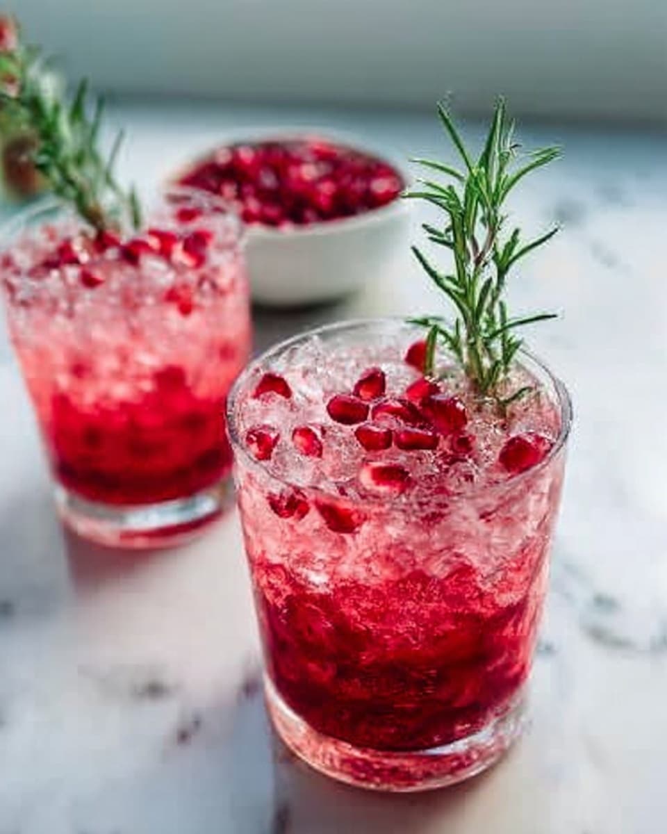 Two clear glasses filled with crushed ice and bright pink-red liquid sit on a white marbled surface. Each glass is full to the top and garnished with small red pomegranate seeds floating on the ice, and a sprig of fresh green rosemary standing tall in the drink. In the background, there is a small white bowl filled with more red pomegranate seeds, and another glass similar to the first two, all on the same white marbled surface. The light is soft and natural, highlighting the bright colors. Photo taken with an iphone --ar 4:5 --v 7