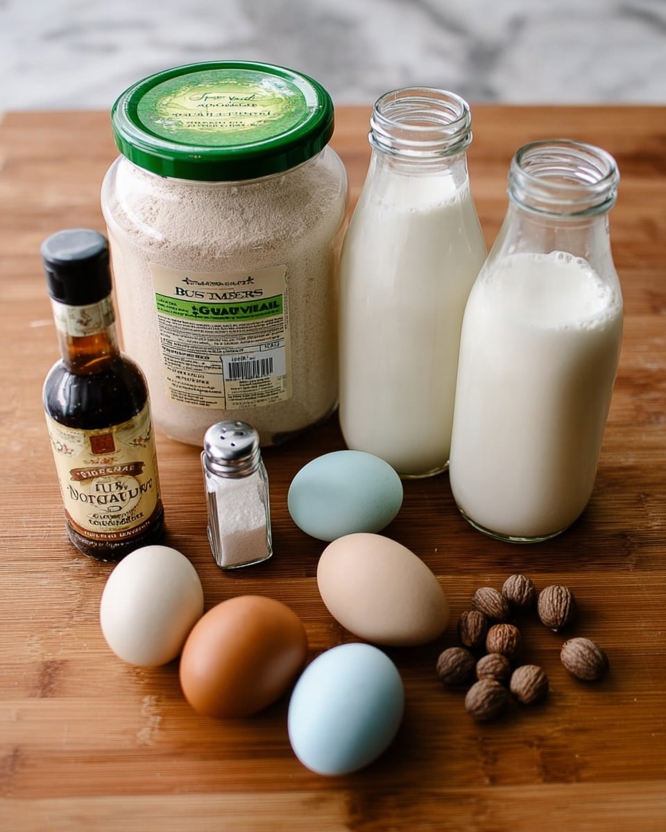 The image shows a group of baking ingredients arranged on a wooden surface, with two glass bottles filled with white milk standing on the right side and a large container of light brown organic sugar with a green lid on the left. Between the bottles and the sugar are a bottle of vanilla extract with a white cap and beige label, a small glass salt shaker with a silver top, and six eggs of different colors including brown, light blue, tan, and white scattered in the center. A small cluster of whole nutmegs sits near the bottom right corner. The background is a white marbled surface. Photo taken with an iphone --ar 4:5 --v 7