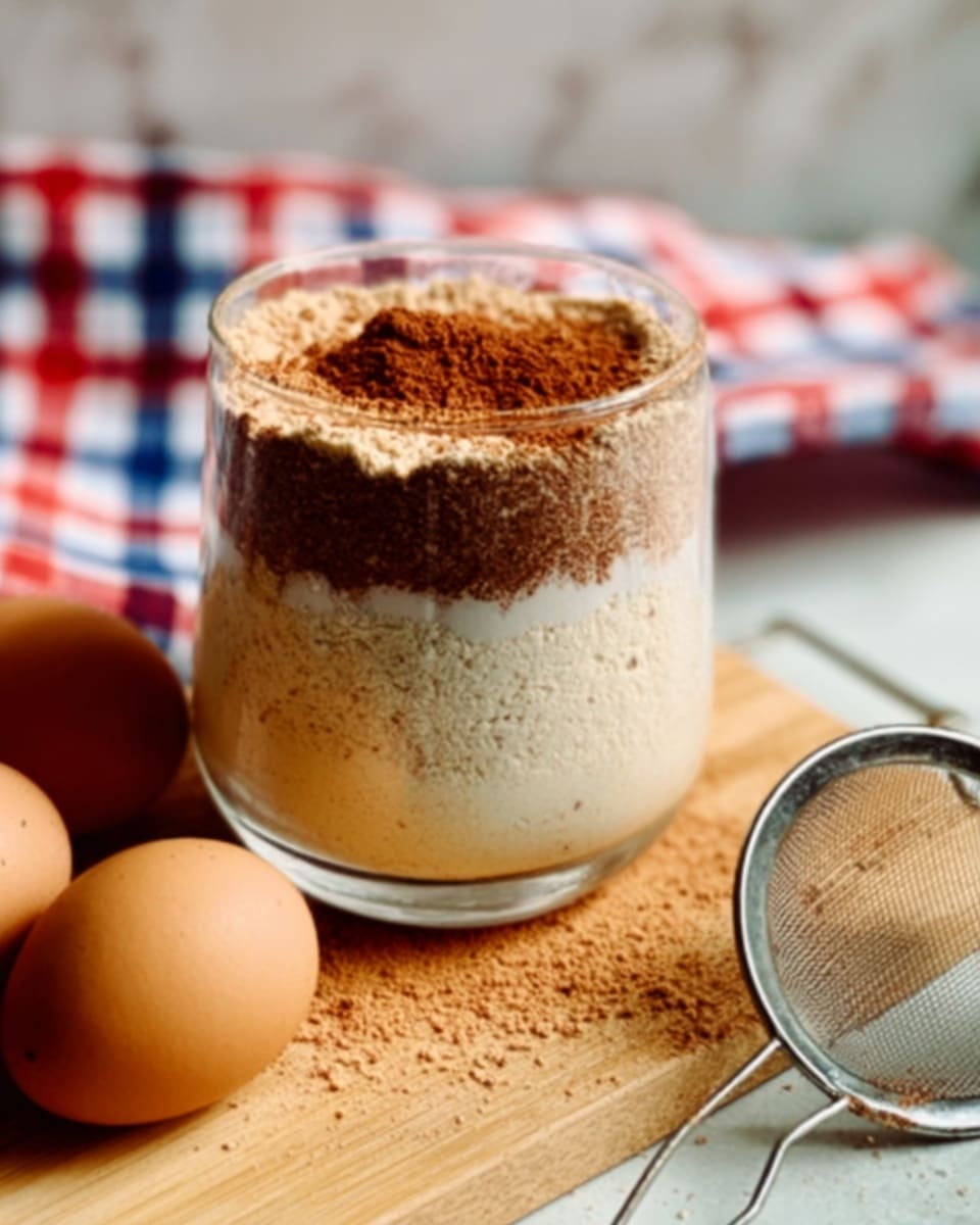 A clear glass cup filled with three visible layers of dry baking ingredients. The bottom layer is light beige flour, smooth and fine. The middle layer is a darker brown powder, slightly clumped, likely cinnamon or cocoa. The top layer is a light tan powder, sprinkled thinly on the surface. The cup sits on a wooden cutting board next to two brown eggs on the left and a small metal strainer on the right. The background shows a white marbled texture with a soft, blurred red, white, and blue checkered cloth in the distance. Photo taken with an iphone --ar 4:5 --v 7