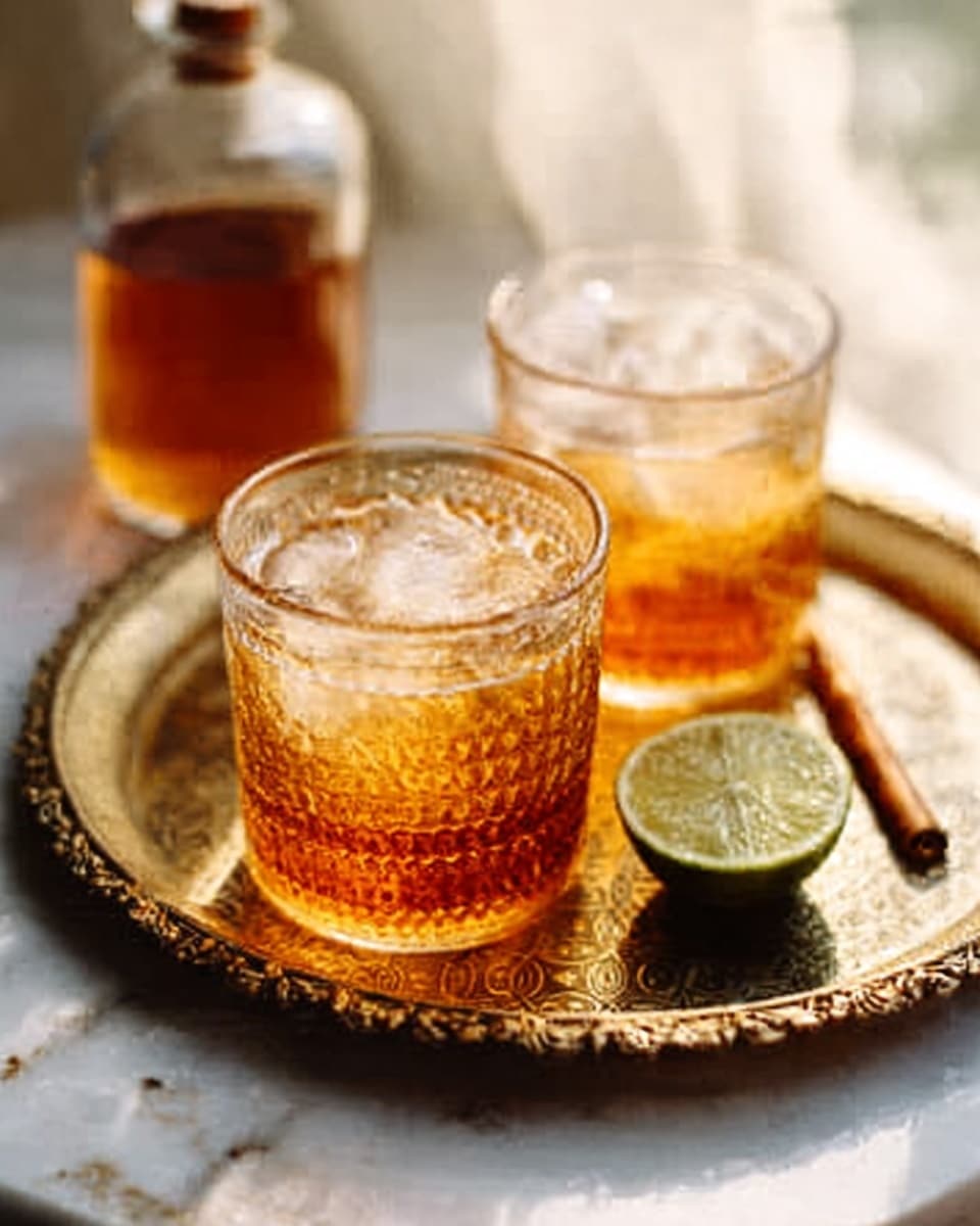 The image shows two clear textured glass tumblers filled with an amber brown drink and ice cubes, placed on a round brass tray with ornate designs. Beside the glasses, there is a halved lime revealing its green inside, and a small bottle filled with a liquid is partially visible in the background. The tray sits on a white marbled surface, and the overall lighting is soft and natural with a warm tone. Photo taken with an iphone --ar 4:5 --v 7