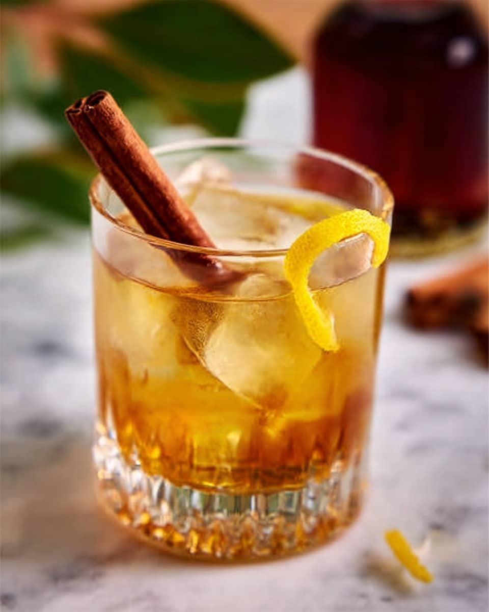 A clear glass with thick sides is filled with large ice cubes and golden-brown liquid, which looks like a cold drink. Inside the drink, near the top, there is a rolled cinnamon stick standing up. Wrapped around the cinnamon stick is a small twist of bright yellow lemon peel, adding a fresh touch. The glass sits on a white marbled surface with a soft focus on a blurred dark red bottle and some green leaves in the background. A woman's hand is just touching the base of the glass. photo taken with an iphone --ar 4:5 --v 7