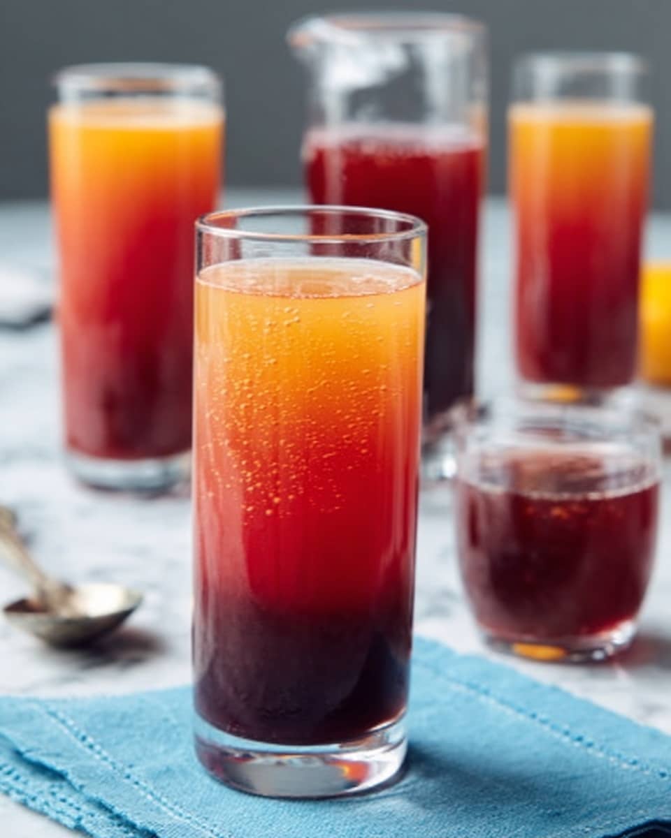 The image shows a tall clear glass filled with a drink that has two layers: the bottom layer is dark purple, slowly blending into the top layer that is bright orange-red. There are bubbles visible near the top layer, and the glass stands on a blue cloth on a white marbled surface. Behind it, there are more tall glasses filled with similar two-layered drinks and a dark red liquid in a clear container. A spoon is seen beside the closest glass. The drink looks fresh and colorful. photo taken with an iphone --ar 4:5 --v 7
