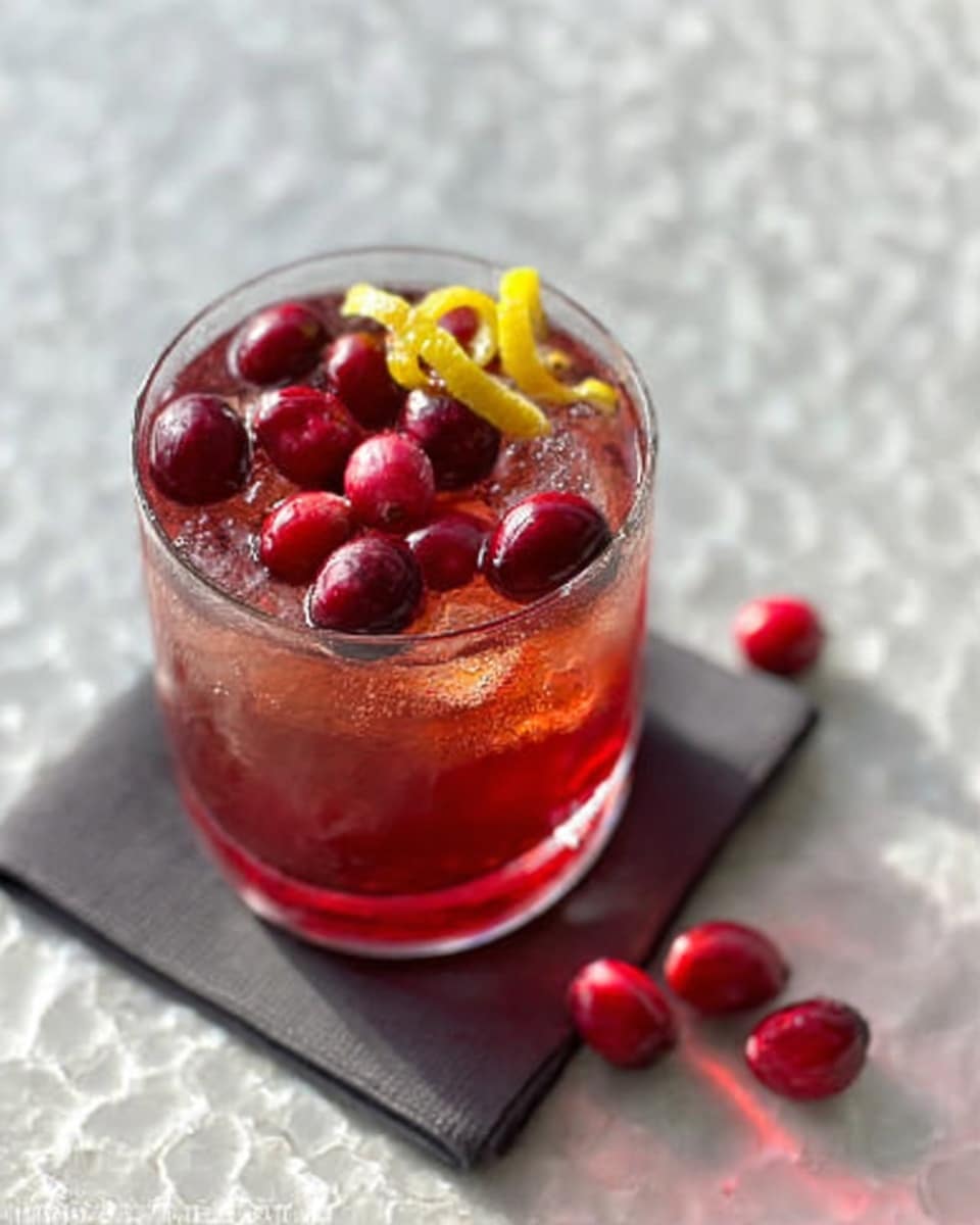 A clear glass cup filled with a deep red drink, topped with whole fresh cranberries and small pieces of yellow lemon peel as garnish. The glass sits on a dark square napkin, with a few extra cranberries scattered around its base. The background is a white marbled surface with soft natural lighting highlighting the drink’s colors. Photo taken with an iphone --ar 4:5 --v 7