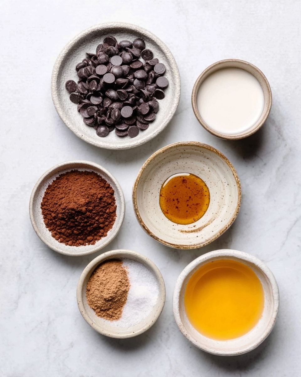 The image shows seven small white bowls arranged on a white marbled surface. The top bowl holds shiny dark chocolate chips. To the top right, a small bowl contains white liquid, likely milk. Below it, a bowl has amber-colored syrup. On the bottom left, a bowl holds a dark brown powder which looks like cocoa. Next to it, a bowl has a dusty light brown spice, maybe cinnamon. Below that, a bowl is filled with fine white salt. The last bowl contains a yellow-orange liquid, possibly melted butter. The arrangement is neat with different sizes and textures visible. Photo taken with an iphone --ar 4:5 --v 7