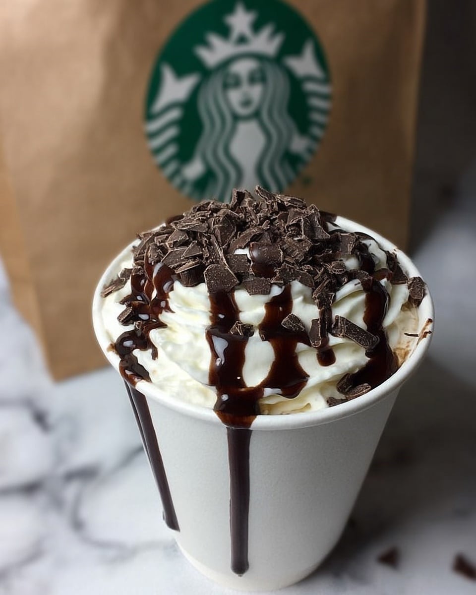 A white paper cup filled with a hot drink topped with a thick layer of white whipped cream. On top of the whipped cream, there are dark chocolate curls scattered generously, with a glossy dark chocolate sauce drizzled in vertical lines across the cream. The cup is placed on a surface with a white marbled texture, and in the background, there is a brown paper bag with a large green Starbucks logo partially visible. Photo taken with an iphone --ar 4:5 --v 7