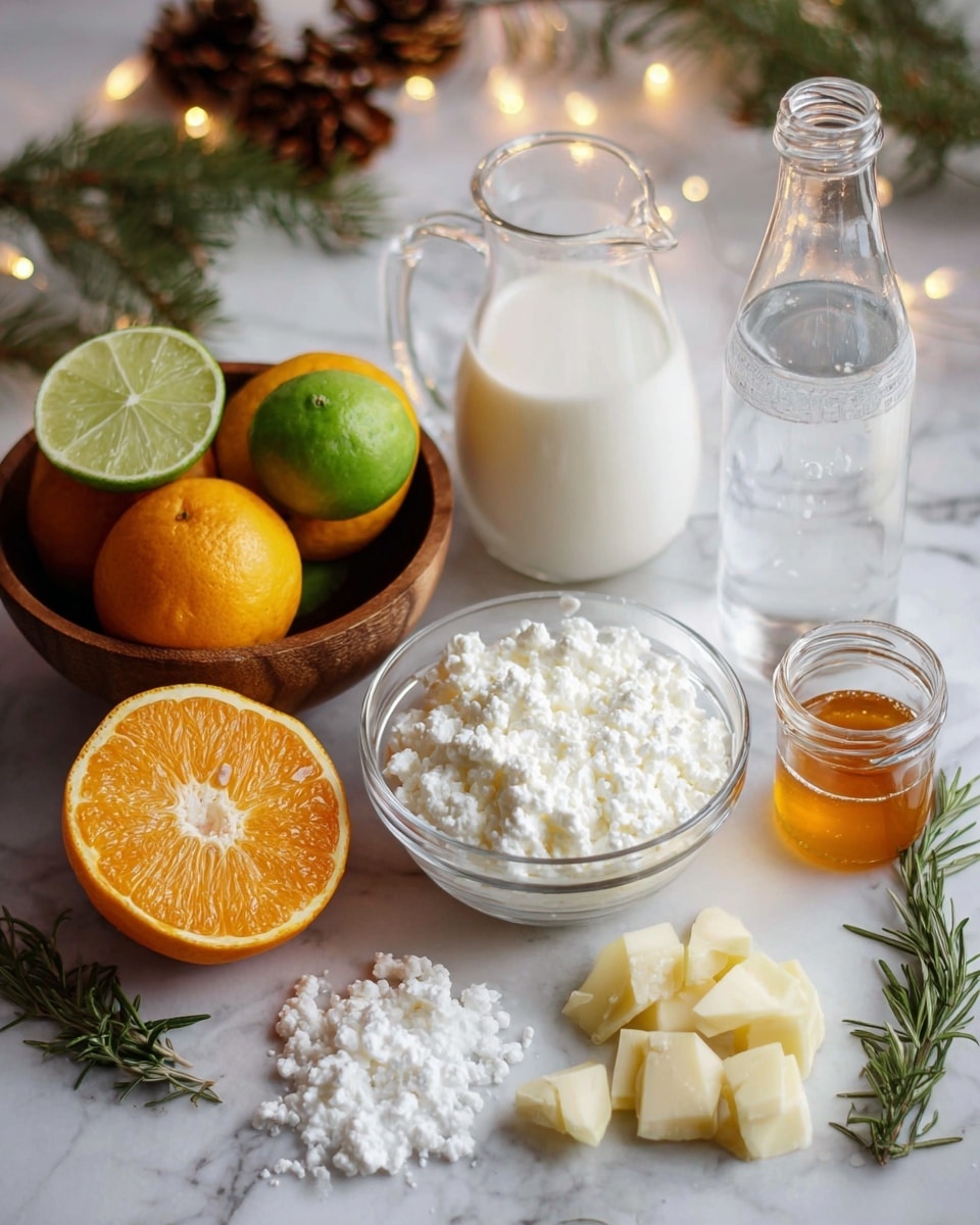 The image shows a white marbled surface with a clear glass bowl filled with white, fluffy cottage cheese placed near the center. To the left, there is a wooden bowl holding three whole oranges and one halved lime with its green inside visible, along with another lime half placed on the surface nearby. Above the cottage cheese bowl, there is a small clear glass pitcher with white milk. To the right of the pitcher is a clear glass bottle with a silver cap filled with clear water. In front of the bottle, there is a small jar filled with honey, showing a warm golden color. Near the jar, a half orange with bright orange flesh is placed on the surface. At the bottom, there are a few green sprigs of rosemary and some broken pieces of pale yellow cheese, along with small white pellets scattered around. The background includes some out-of-focus pine cones and tree branches with soft, warm fairy lights. Photo taken with an iphone --ar 4:5 --v 7