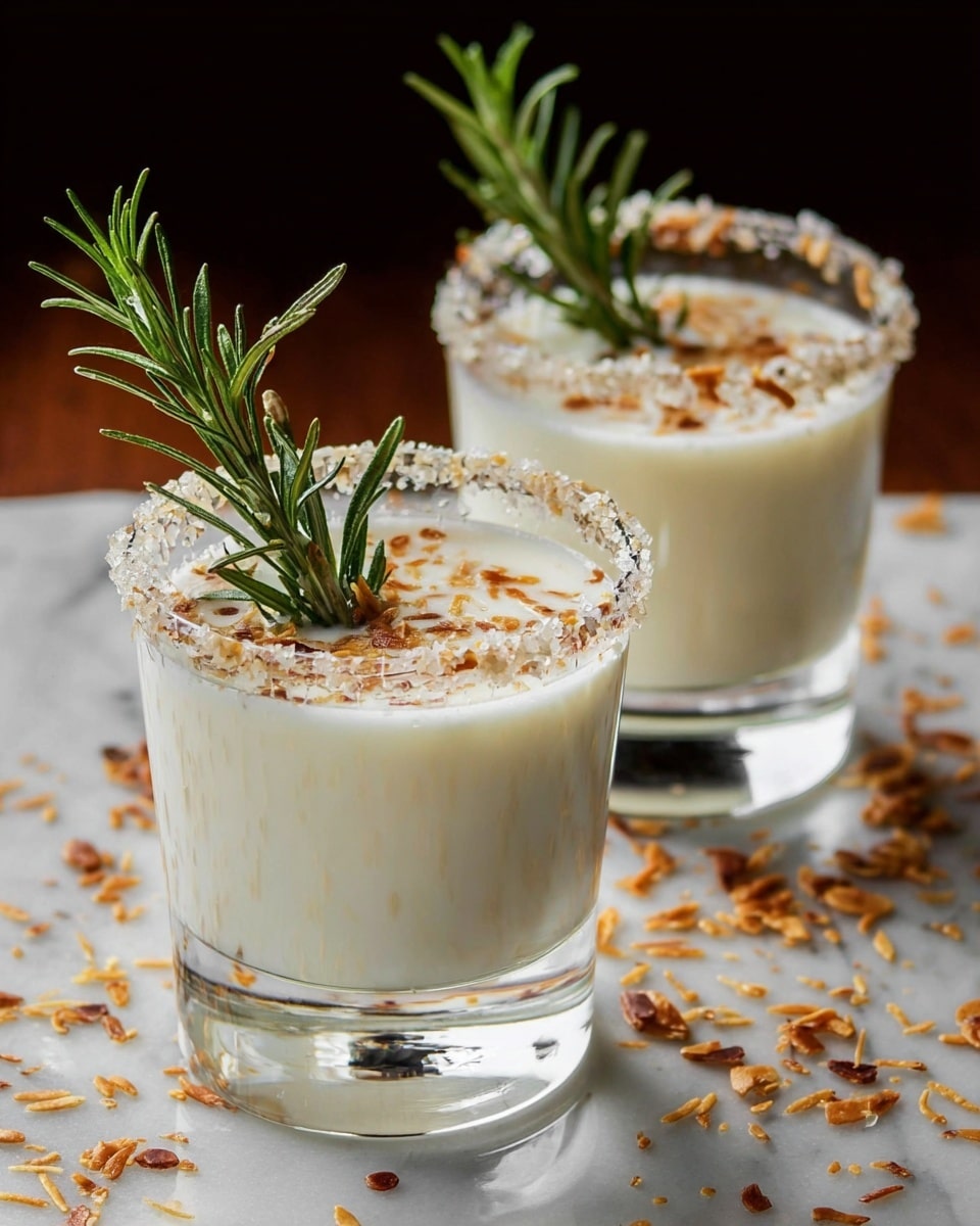 Two clear glasses filled with a creamy white drink topped with some brown toasted flakes and a sprig of fresh green rosemary in each glass. The rims of the glasses are coated with white sugar crystals. Around the base of the glasses, there are scattered brown toasted flakes on a shiny white marbled surface. The glasses show clear reflections on the surface. Photo taken with an iphone --ar 4:5 --v 7