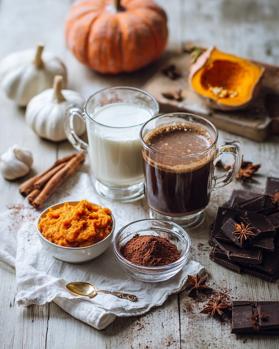 The image shows a rustic wooden table with two clear glass mugs, one filled with white milk and the other with a dark brown coffee-like drink. In front of the glasses, there is a small white bowl filled with bright orange pumpkin puree, and next to it is a clear bowl filled with cocoa powder resting on a white cloth. Scattered around are whole spices like cinnamon sticks, garlic bulbs, whole nutmeg, and star anise. On the right, there are pieces of dark chocolate, and in the background, a whole pumpkin and a cut pumpkin piece sit on the table. A gold spoon is near the garlic, adding a warm touch. The scene is softly lit, with a white marbled texture surface below everything. Photo taken with an iphone --ar 4:5 --v 7