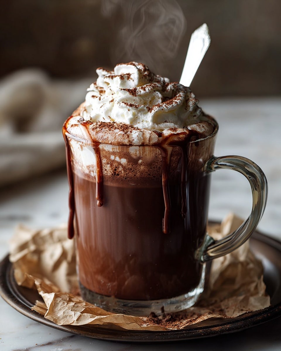 A clear glass mug filled with dark brown hot chocolate, showing smooth liquid with some foam near the top edges. On top is a generous swirl of white whipped cream with light dusting of brown cocoa powder. Some chocolate syrup is dripping down the sides of the mug. A silver spoon is placed inside the mug, resting against the right side. The mug sits on crumpled parchment paper over a round dark tray, with a blurred background. Steam rises gently from the hot drink. The surface is a white marbled texture. photo taken with an iphone --ar 4:5 --v 7