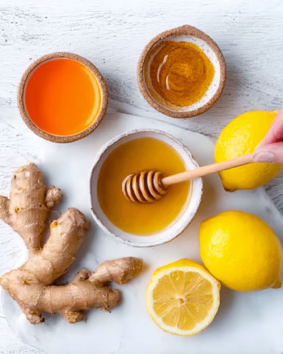On a white marbled surface, three small round containers hold different items: a bright orange liquid, a thick golden-brown paste, and a clear yellow liquid. Around them are fresh ginger roots with rough skin, two whole bright yellow lemons, and a wooden honey dipper resting in a small shallow white bowl filled with light amber honey. A woman's hand holds the honey dipper, dripping honey gently over the bowl. The scene is lit softly, showing the shiny textures of the liquids and the rough textures of the ginger and lemons. photo taken with an iphone --ar 4:5 --v 7
