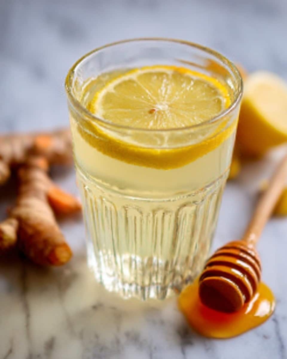 The image shows a clear glass filled with light yellow liquid, with a thin, round slice of lemon floating on top. The glass has a textured surface with vertical ridges, and is placed on a white marbled surface. In the background, there are pieces of fresh turmeric root and small round ginger bulbs, both slightly blurred. To the right of the glass, there is a honey dipper with bright orange honey resting on the white marbled surface. photo taken with an iphone --ar 4:5 --v 7