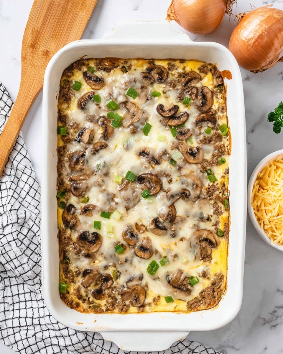 The image shows a white baking dish filled with a cheesy pasta bake being lifted by a black spatula with a wooden handle. The dish has multiple layers: the top layer is golden brown melted cheese that is stretchy and slightly browned in spots. Underneath, you can see creamy white sauce mixed with pieces of green vegetables and browned ground meat. The pasta is short and curly, coated well with sauce and cheese. In the background, there's a small white bowl of chopped green onions. Everything is placed on a white marbled surface. Photo taken with an iphone --ar 4:5 --v 7